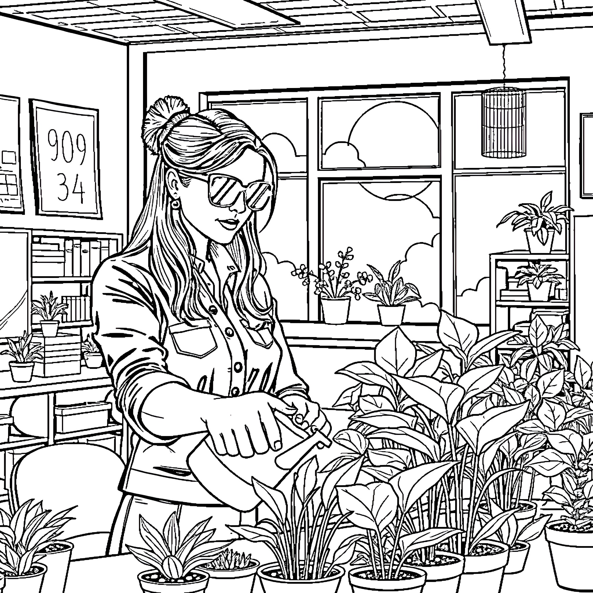 Woman tends to indoor plants in cozy workspace Coloring Page (free black-and-white line drawing printable PDF for all, from beginners to advanced learners, including children, teens, adults, and seniors)