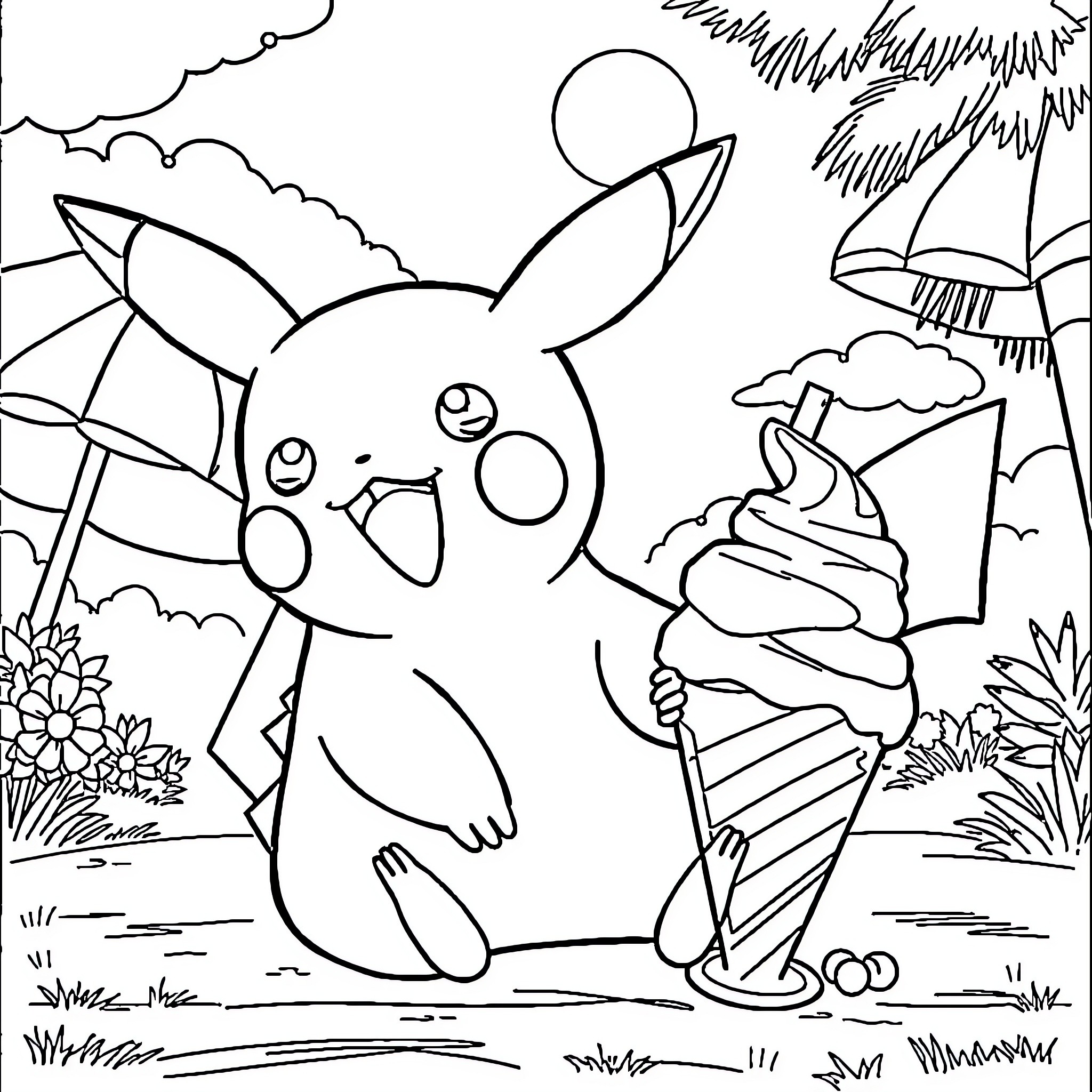 Pikachu enjoying an ice cream in a tropical paradise Coloring Page (free black-and-white line drawing printable PDF for all, from beginners to advanced learners, including children, teens, adults, and seniors)
