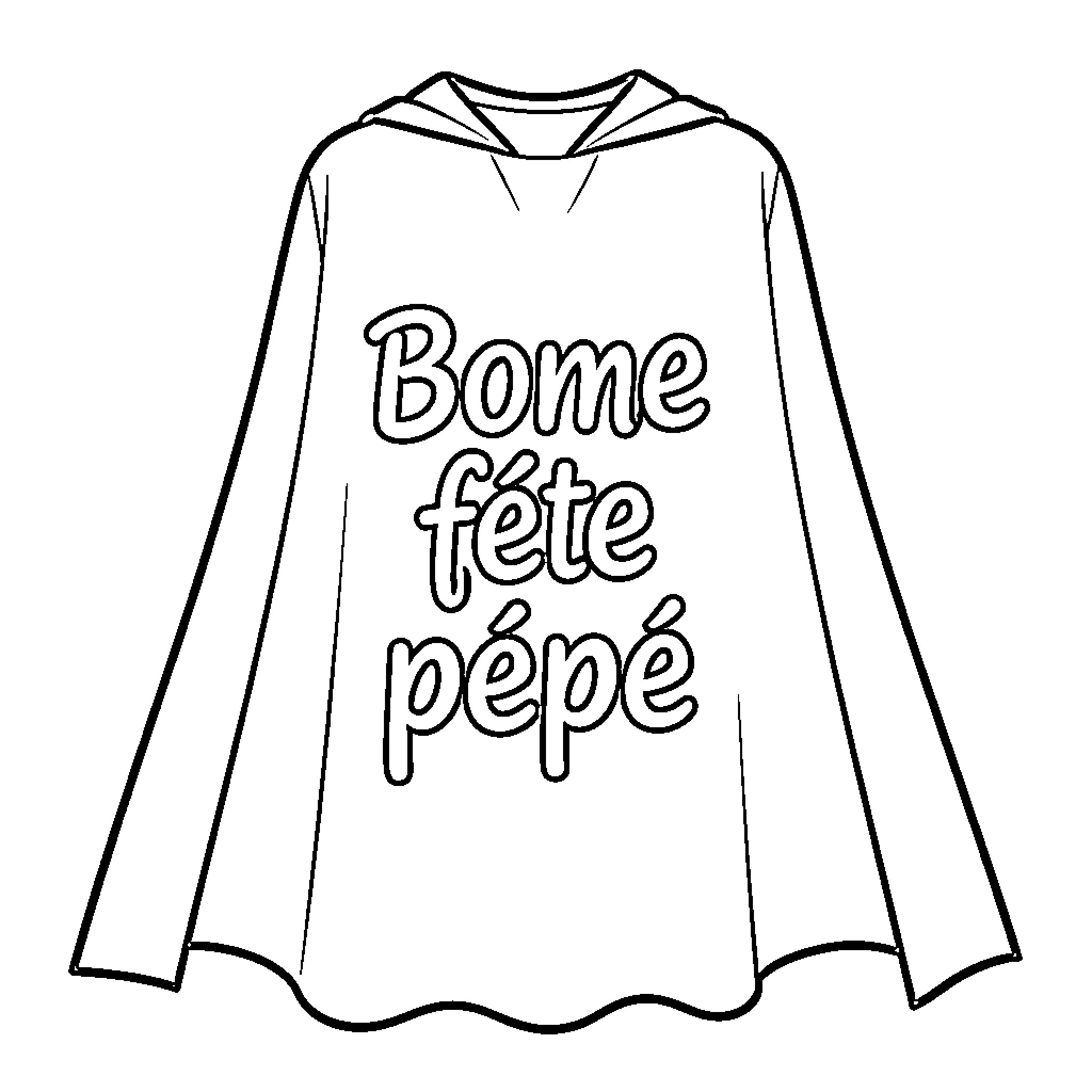 Superman themed cape with celebratory French text Coloring Page (free black-and-white line drawing printable PDF for all, from beginners to advanced learners, including children, teens, adults, and seniors)