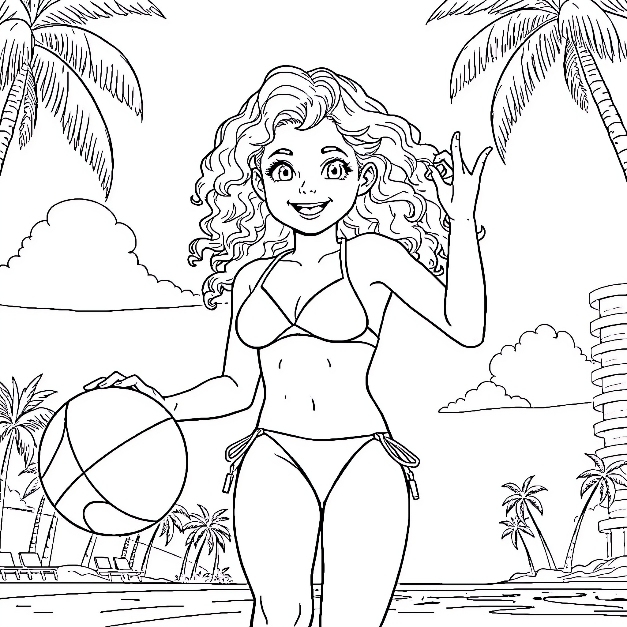 Girl posing happily in swimwear at tropical beach Coloring Page (free black-and-white line drawing printable PDF for all, from beginners to advanced learners, including children, teens, adults, and seniors)