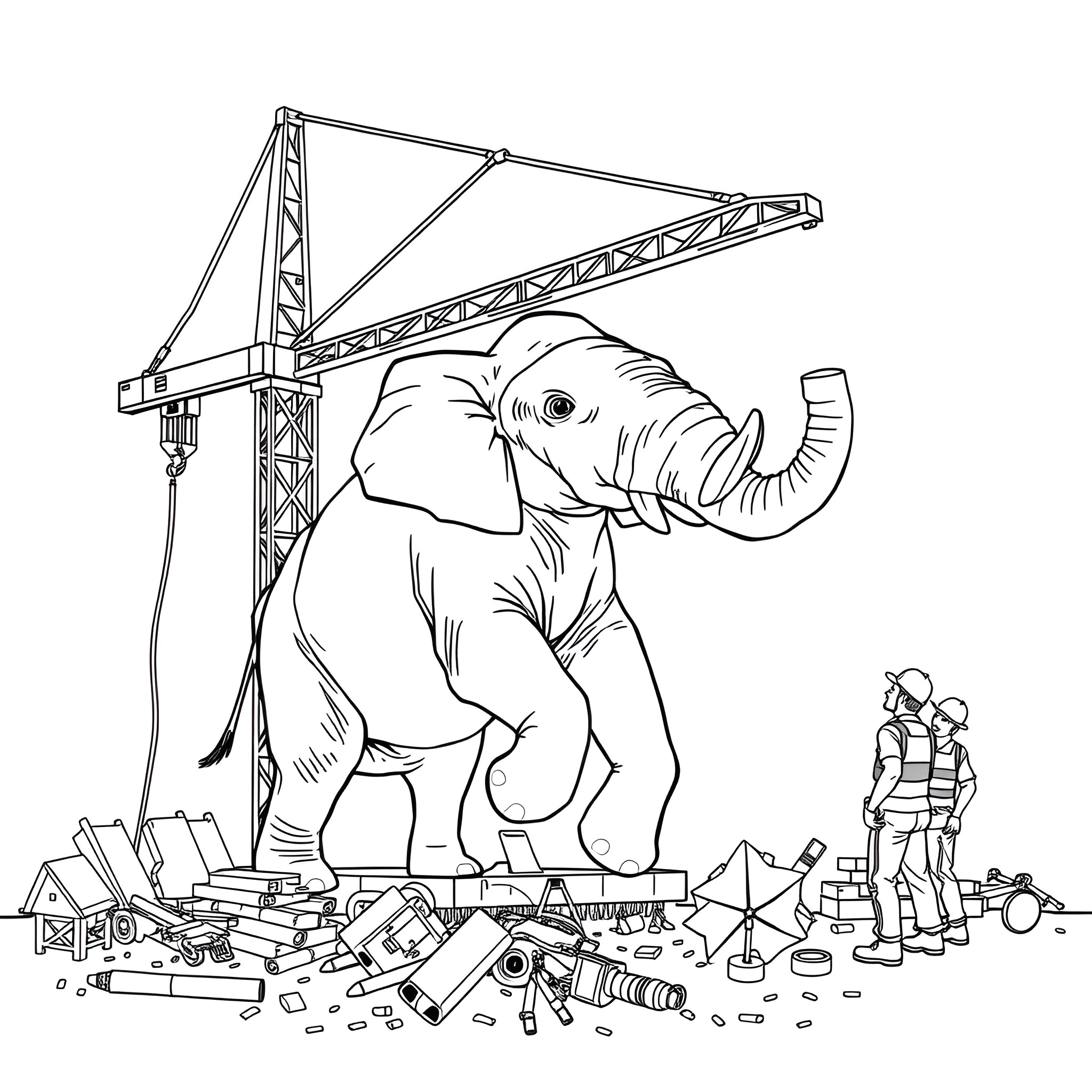 Elephant constructing with construction equipment Coloring Page (free black-and-white line drawing printable PDF for all, from beginners to advanced learners, including children, teens, adults, and seniors)