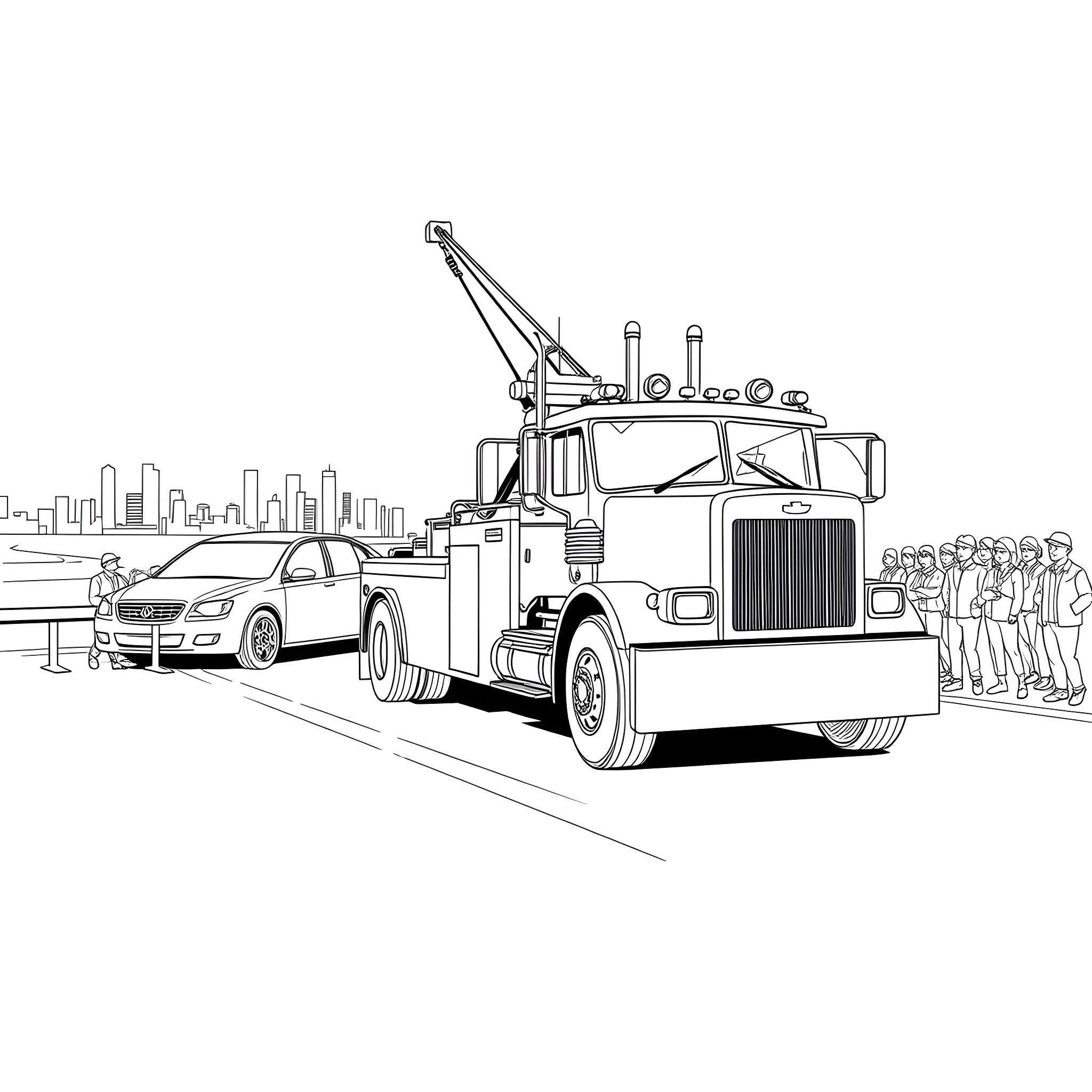 Tow Truck Assisting Disabled Vehicle on the Road Coloring Page (free black-and-white line drawing printable PDF for all, from beginners to advanced learners, including children, teens, adults, and seniors)