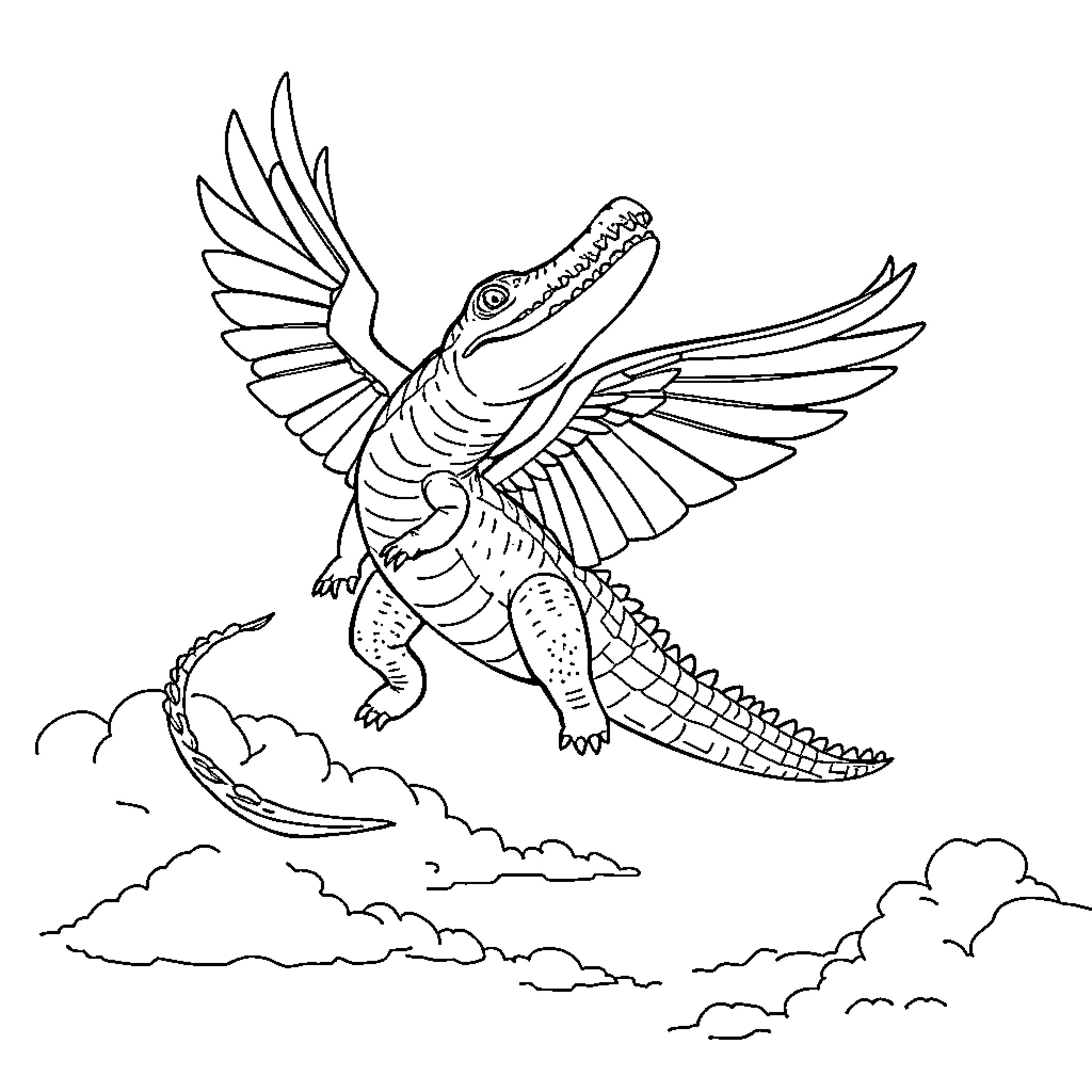 Crocodile soaring through the clouds with wings Coloring Page (free black-and-white line drawing printable PDF for all, from beginners to advanced learners, including children, teens, adults, and seniors)
