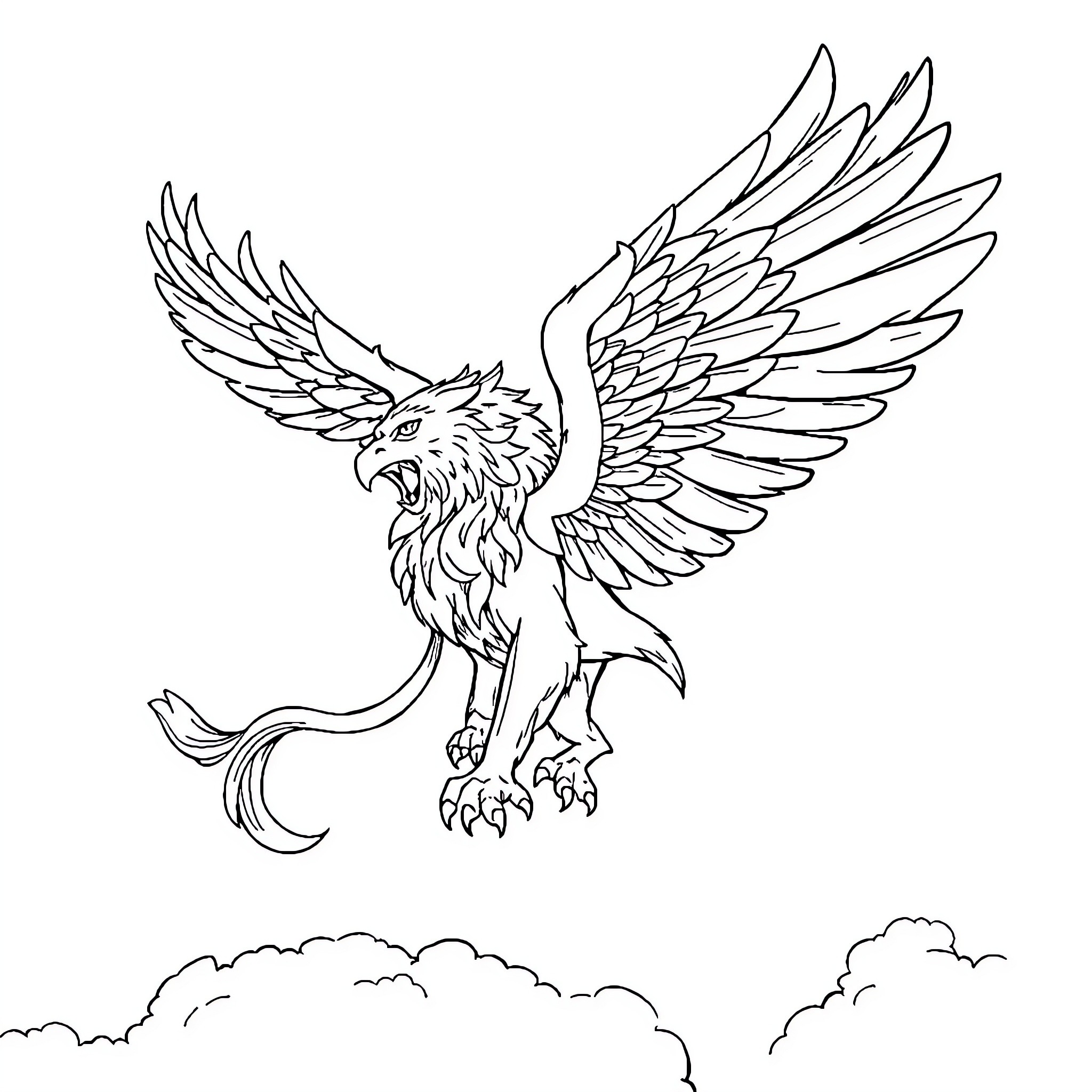 Griffin soaring majestically through the clouds Coloring Page (free black-and-white line drawing printable PDF for all, from beginners to advanced learners, including children, teens, adults, and seniors)
