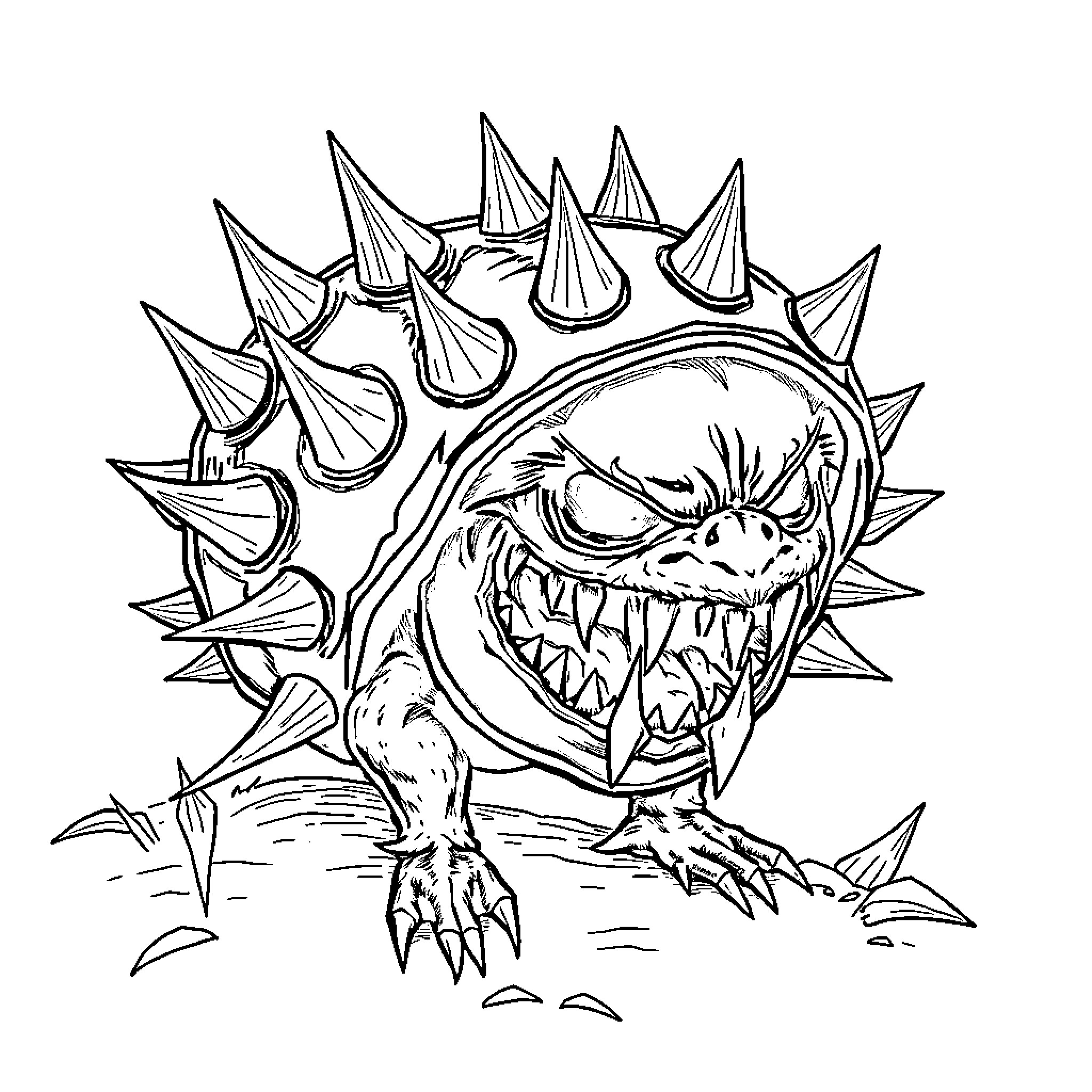 Chestnut Creature with Menacing Spikes and Sharp Teeth Coloring Page (free black-and-white line drawing printable PDF for all, from beginners to advanced learners, including children, teens, adults, and seniors)
