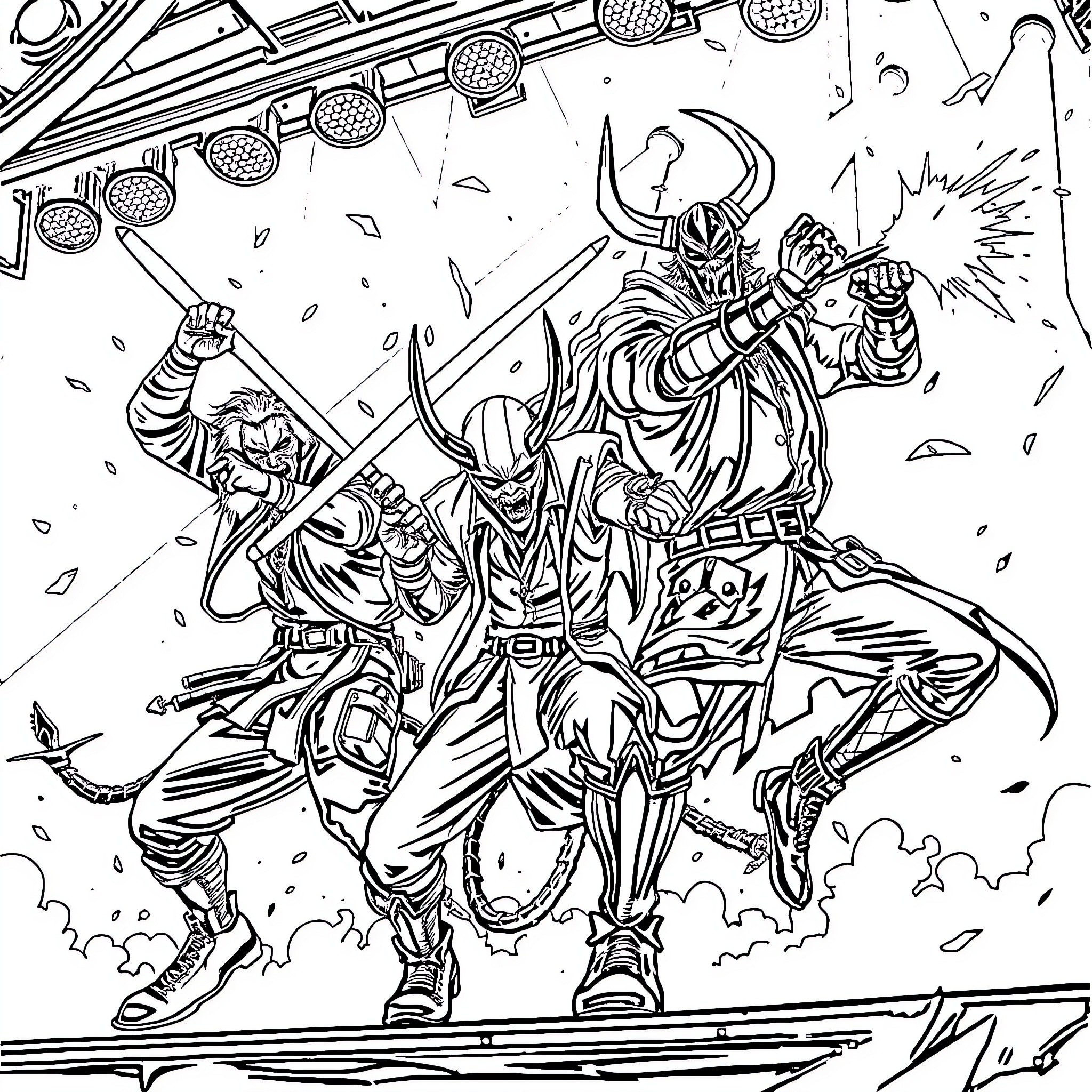 Demon Hunter in Fierce Battle Coloring Page (free black-and-white line drawing printable PDF for all, from beginners to advanced learners, including children, teens, adults, and seniors)