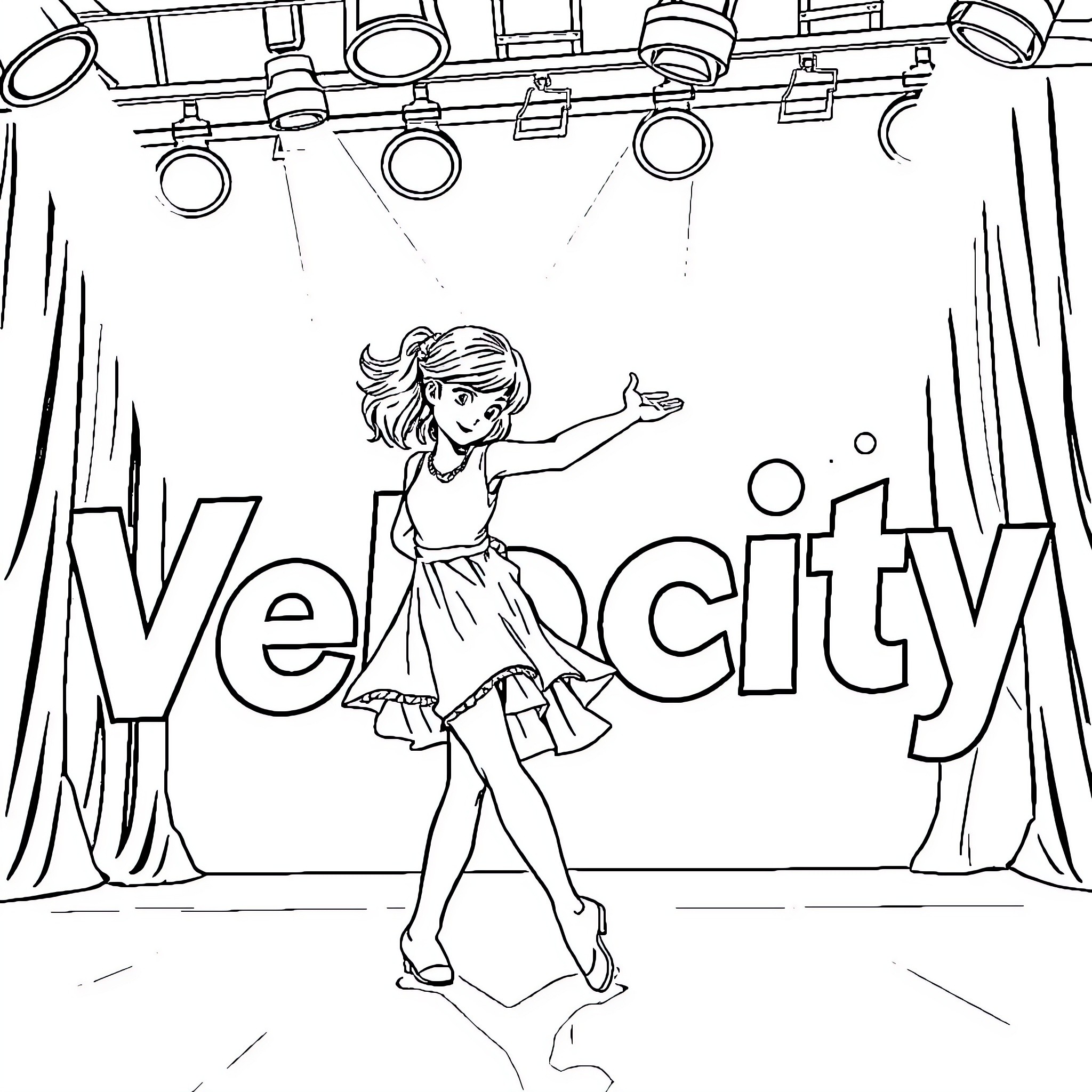 Girl performing on stage with spotlight Coloring Page (free black-and-white line drawing printable PDF for all, from beginners to advanced learners, including children, teens, adults, and seniors)