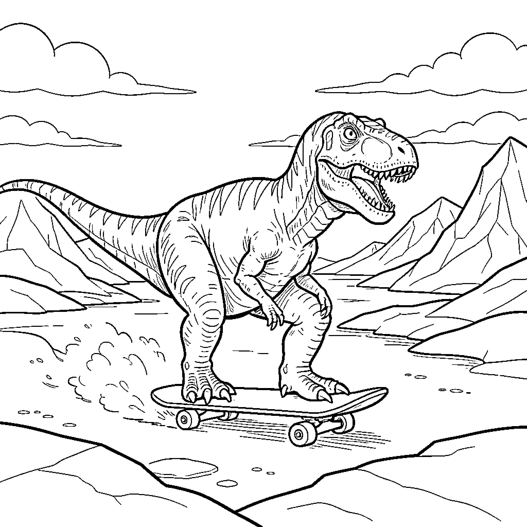 Dinosaur riding a skateboard through a mountain landscape Coloring Page (free black-and-white line drawing printable PDF for all, from beginners to advanced learners, including children, teens, adults, and seniors)