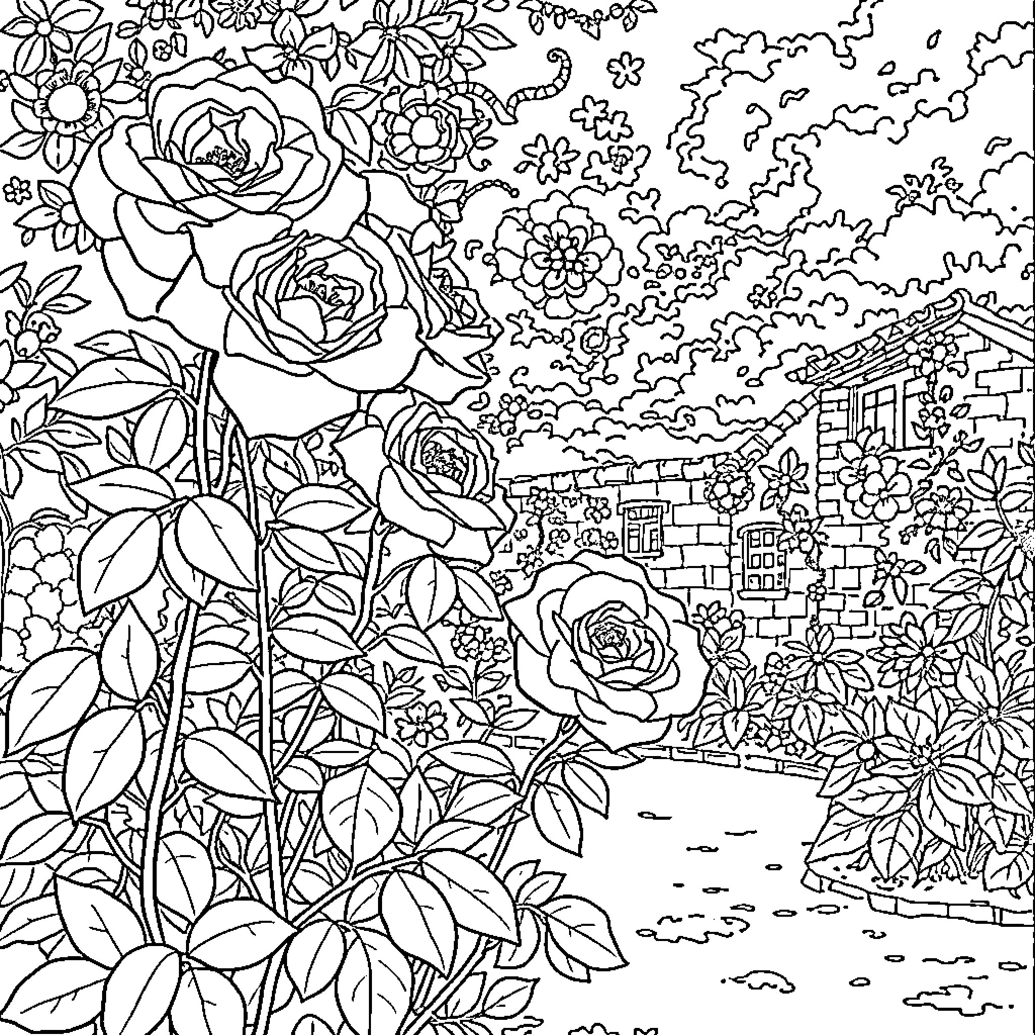 Rose Garden Blooming Amidst Whimsical Scenery Coloring Page (free black-and-white line drawing printable PDF for all, from beginners to advanced learners, including children, teens, adults, and seniors)