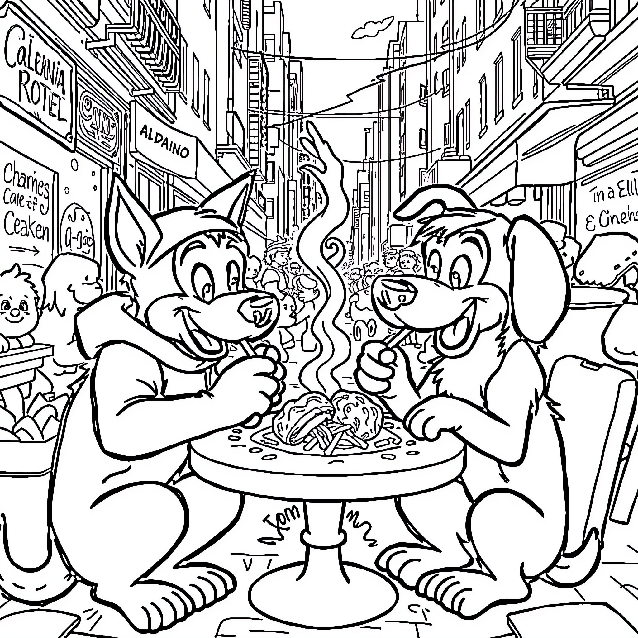 Aladdin and friends enjoying a meal in the city Coloring Page (free black-and-white line drawing printable PDF for all, from beginners to advanced learners, including children, teens, adults, and seniors)