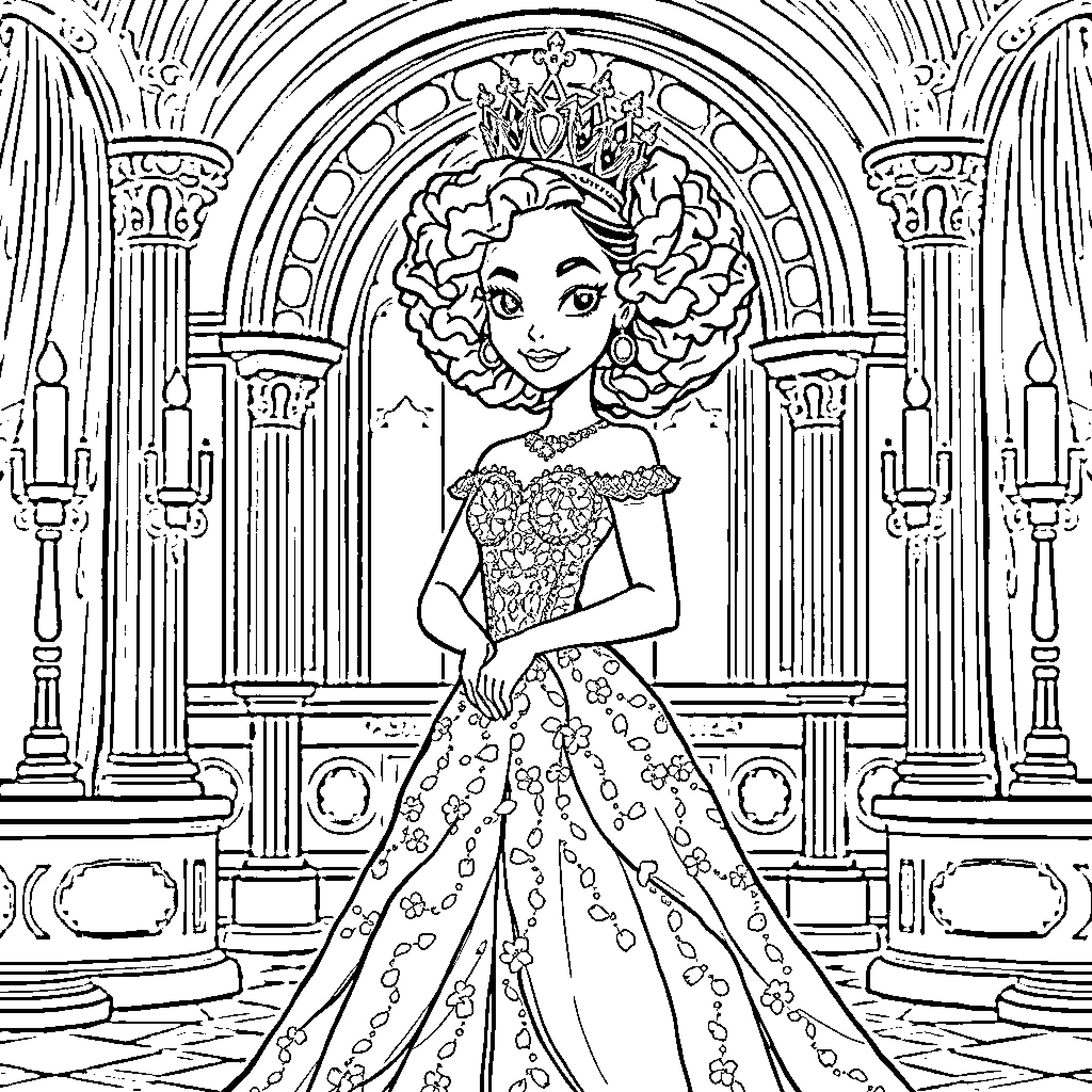 Princess in a Majestic Palace Coloring Page (free black-and-white line drawing printable PDF for all, from beginners to advanced learners, including children, teens, adults, and seniors)