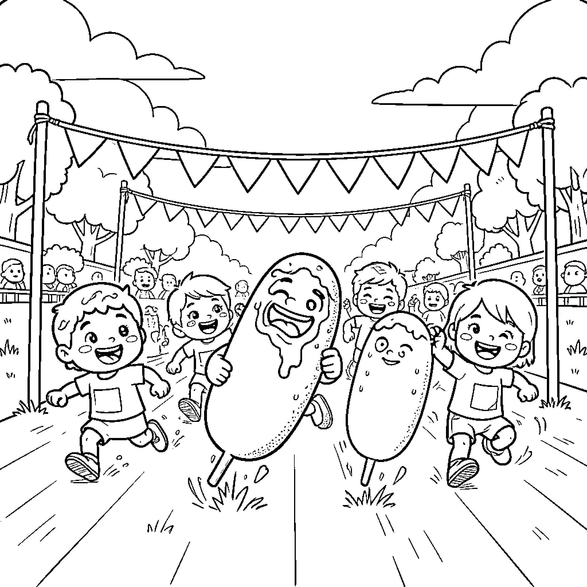Corn Dog character racing happily with children Coloring Page (free black-and-white line drawing printable PDF for all, from beginners to advanced learners, including children, teens, adults, and seniors)