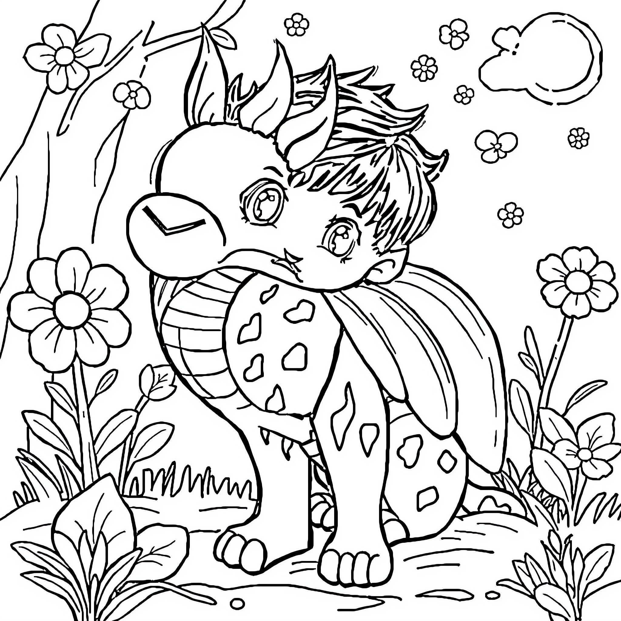 Children's Book: Friendly Dinosaur in Floral Scene Coloring Page (free black-and-white line drawing printable PDF for all, from beginners to advanced learners, including children, teens, adults, and seniors)