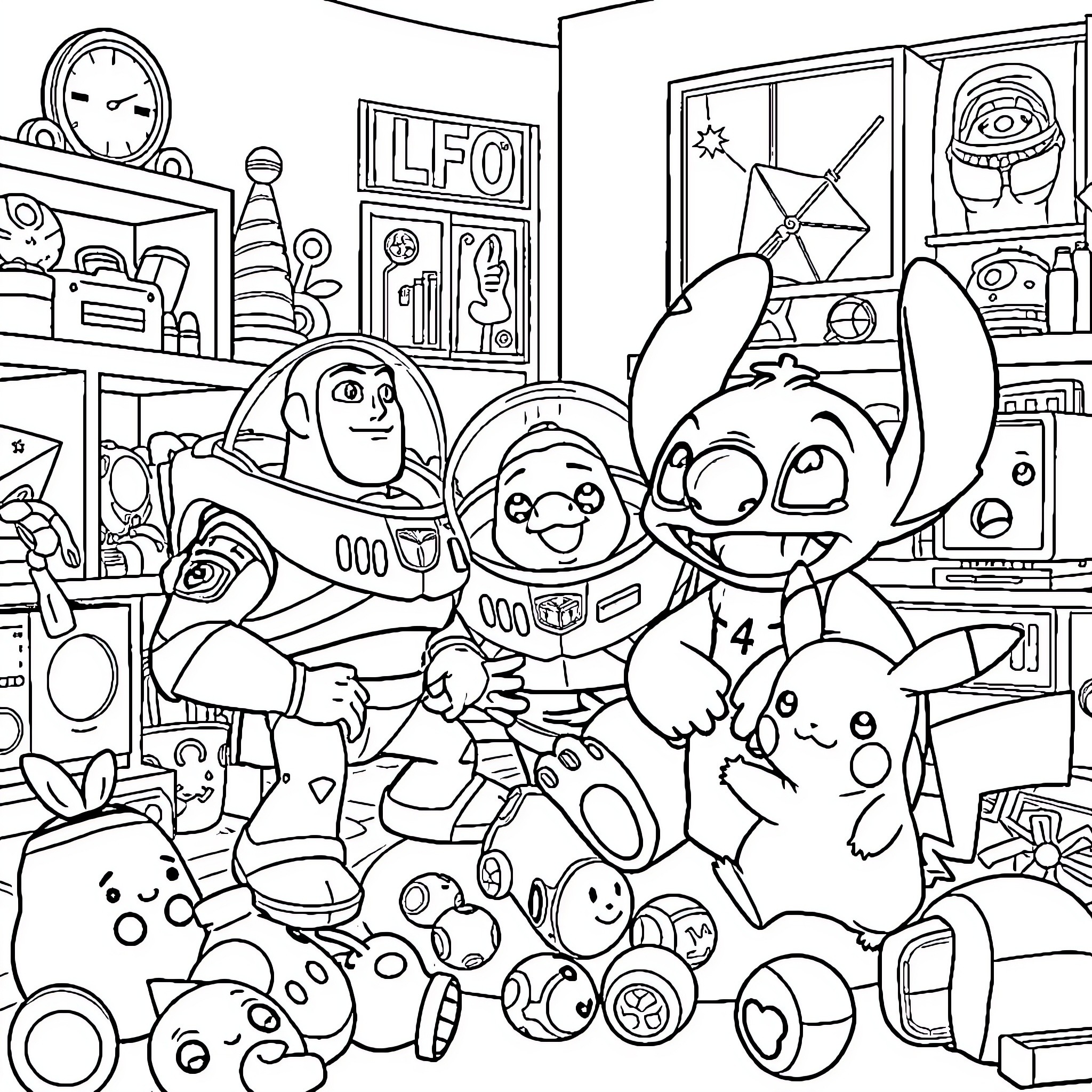 Lilo and friends exploring a colorful room Coloring Page (free black-and-white line drawing printable PDF for all, from beginners to advanced learners, including children, teens, adults, and seniors)