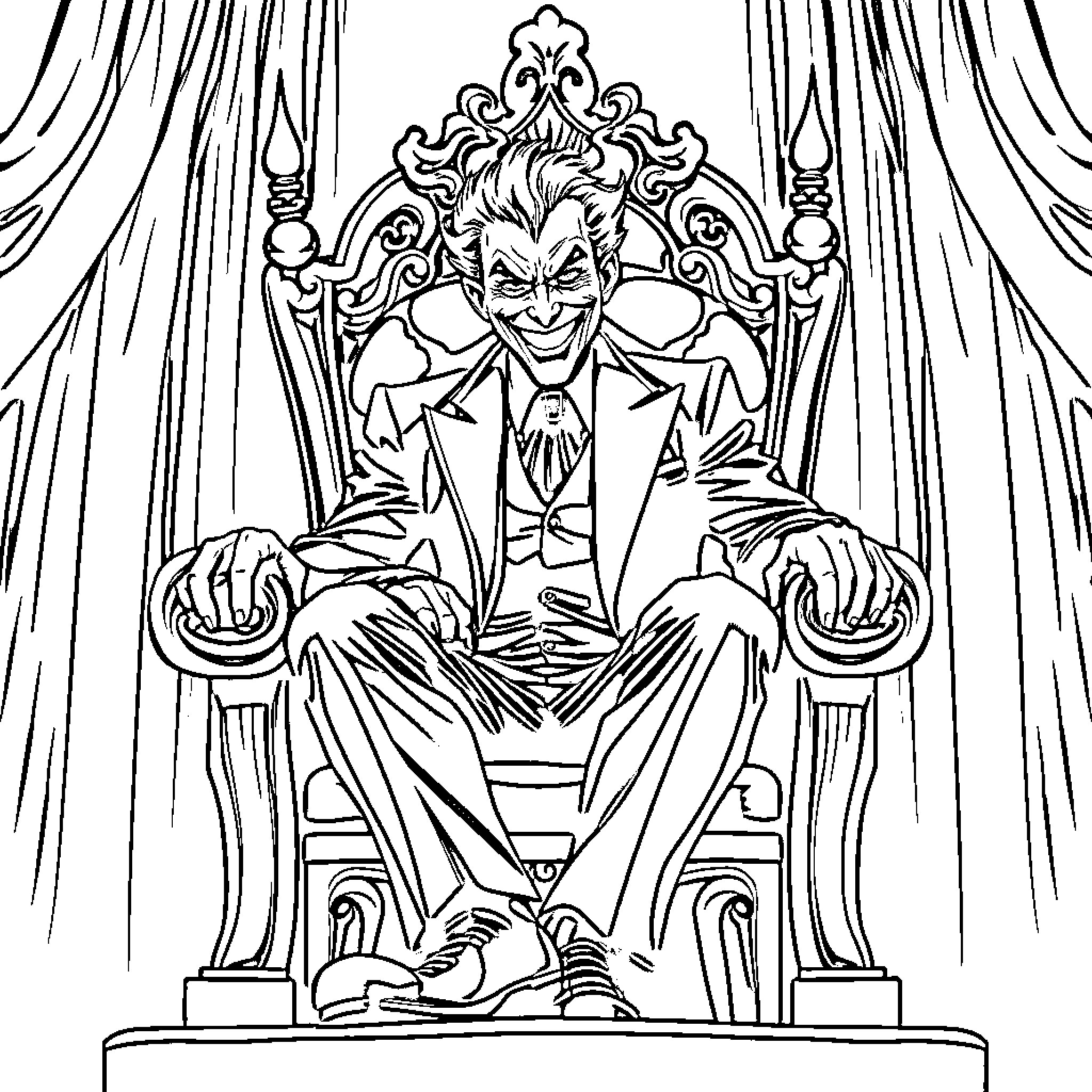 Joker sitting on an ornate throne Coloring Page (free black-and-white line drawing printable PDF for all, from beginners to advanced learners, including children, teens, adults, and seniors)