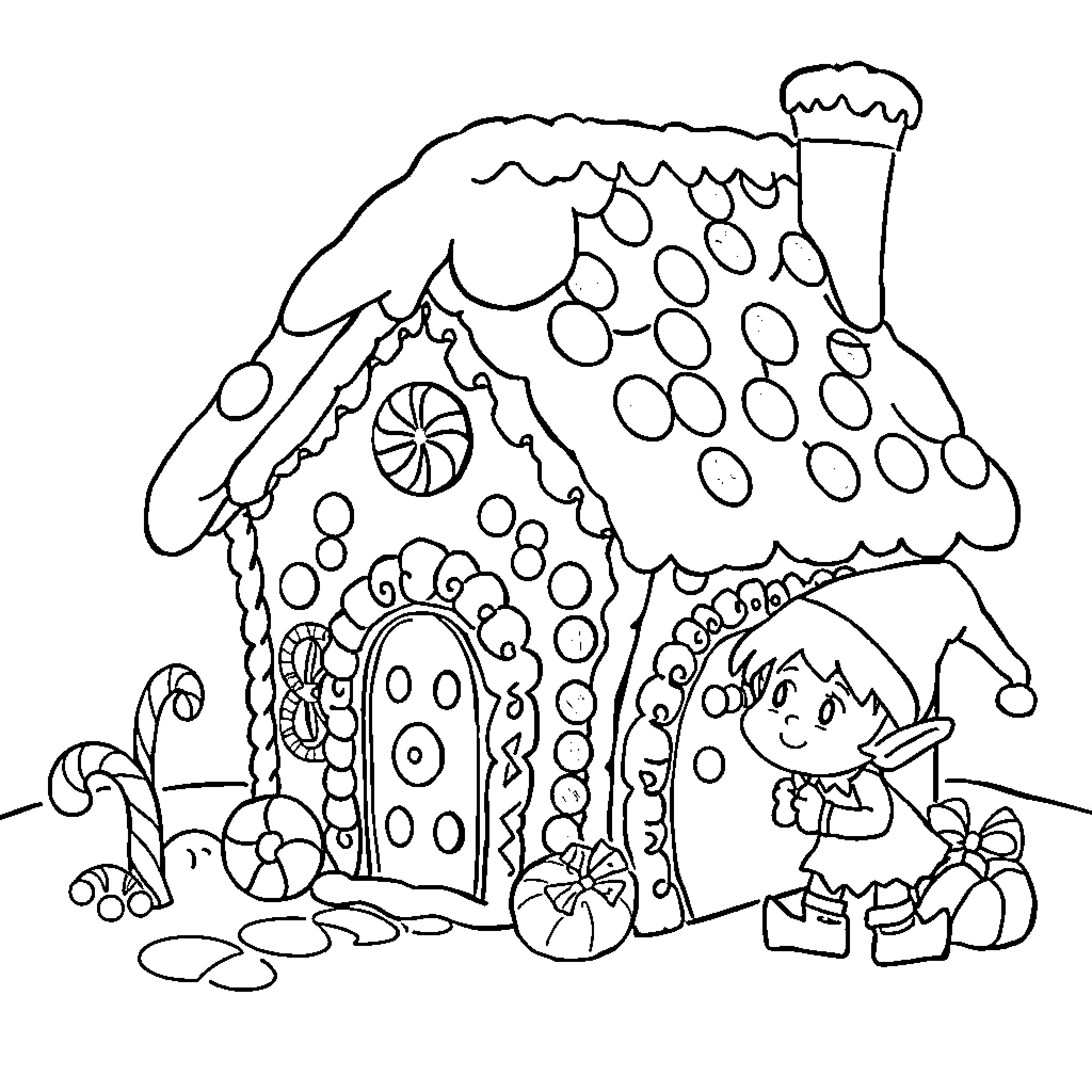 Gingerbread House with Decorative Features and Playful Elf Coloring Page (free black-and-white line drawing printable PDF for all, from beginners to advanced learners, including children, teens, adults, and seniors)