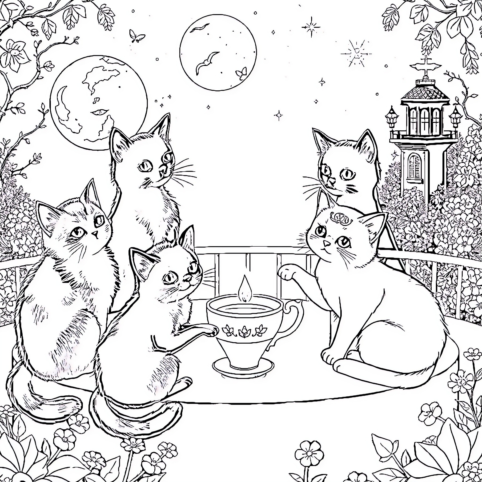 Cats Enjoying a Cozy Night at Home Coloring Page (free black-and-white line drawing printable PDF for all, from beginners to advanced learners, including children, teens, adults, and seniors)