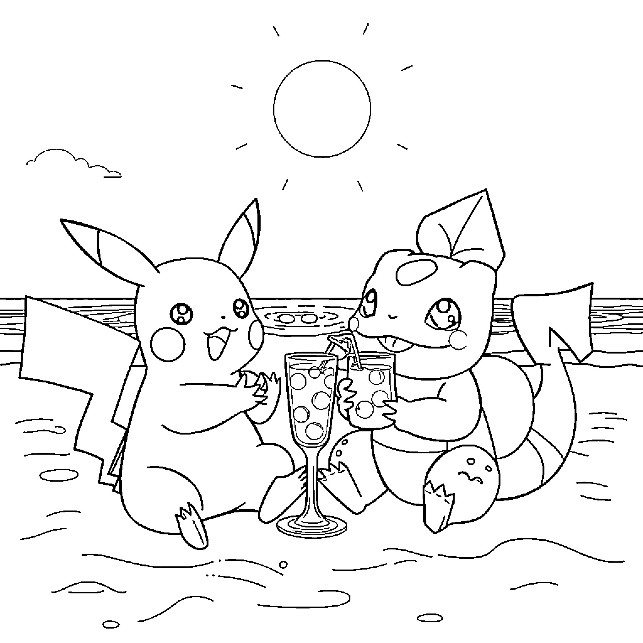 Pikachu and Eevee enjoying a beach picnic Coloring Page (free black-and-white line drawing printable PDF for all, from beginners to advanced learners, including children, teens, adults, and seniors)