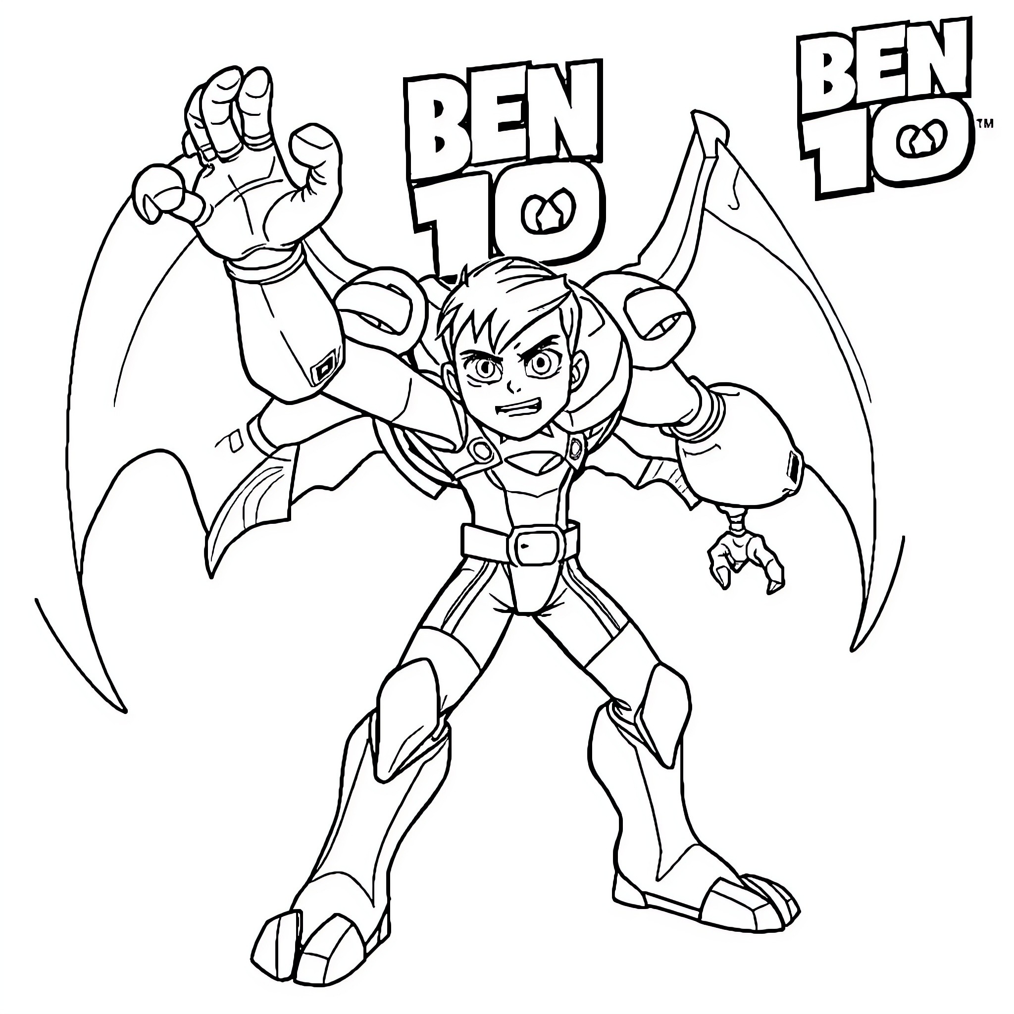 Ben 10 in action-packed pose with superpowers Coloring Page (free black-and-white line drawing printable PDF for all, from beginners to advanced learners, including children, teens, adults, and seniors)
