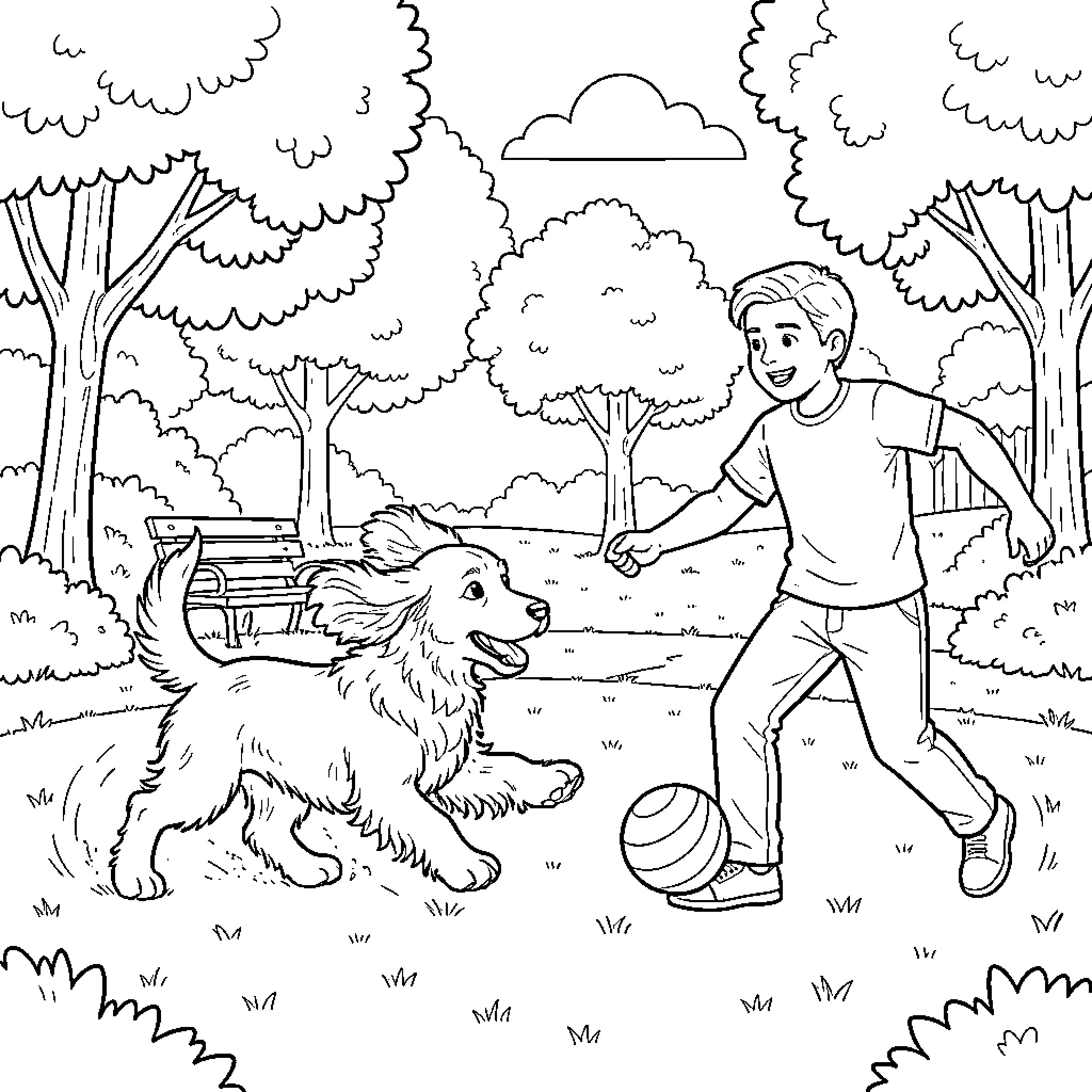 Cocker Spaniel playing ball with a boy in a park Coloring Page (free black-and-white line drawing printable PDF for all, from beginners to advanced learners, including children, teens, adults, and seniors)