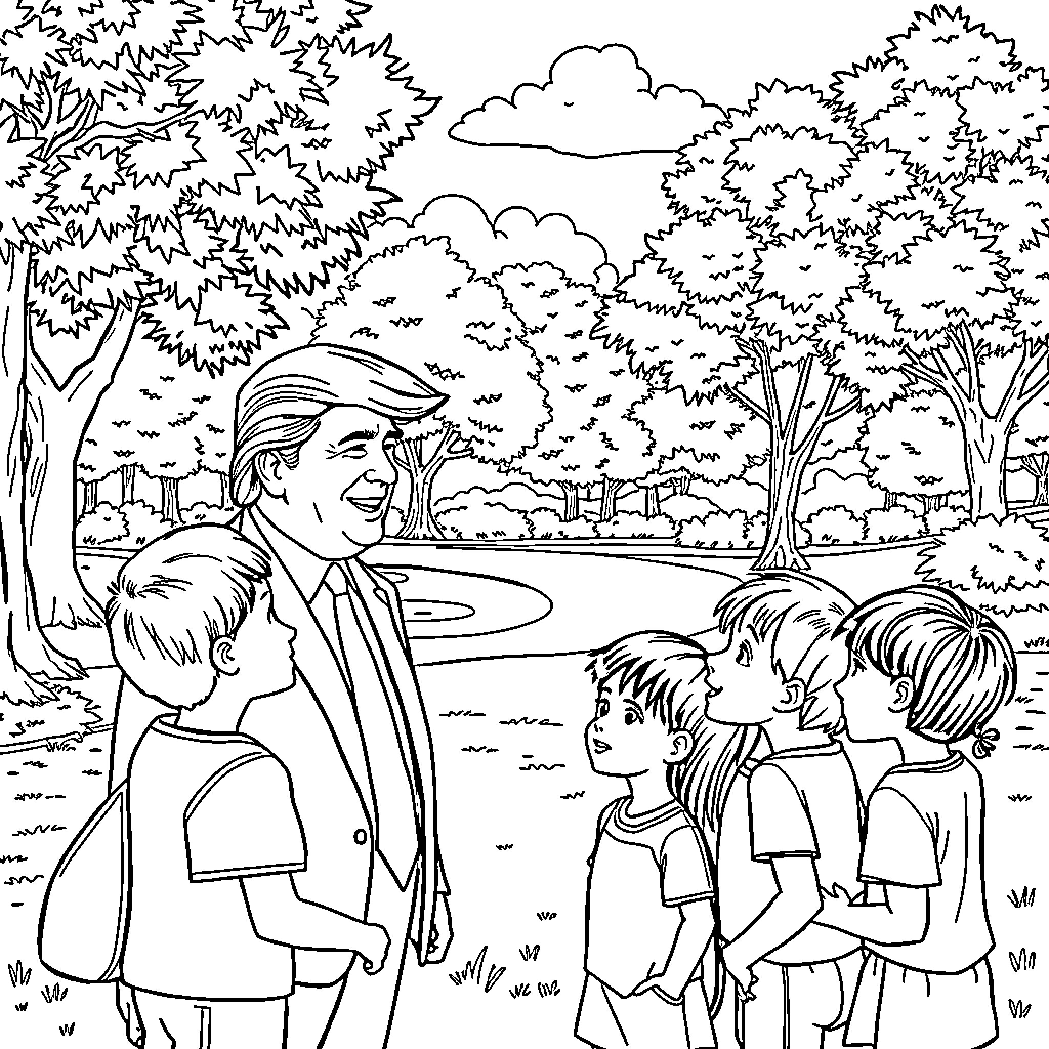 Trump visits children in natural park setting Coloring Page (free black-and-white line drawing printable PDF for all, from beginners to advanced learners, including children, teens, adults, and seniors)