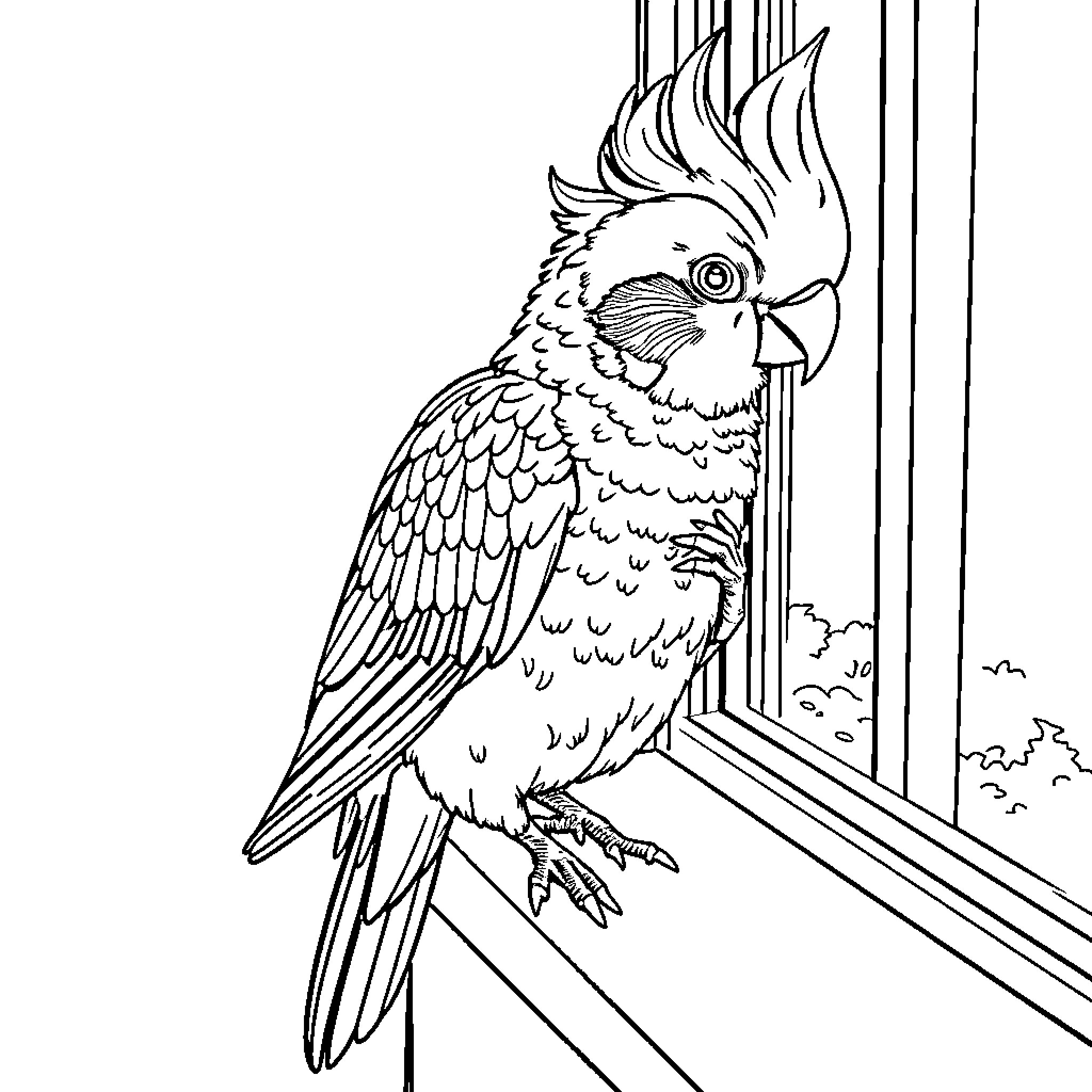 Cockatiel perched and observing the window Coloring Page (free black-and-white line drawing printable PDF for all, from beginners to advanced learners, including children, teens, adults, and seniors)