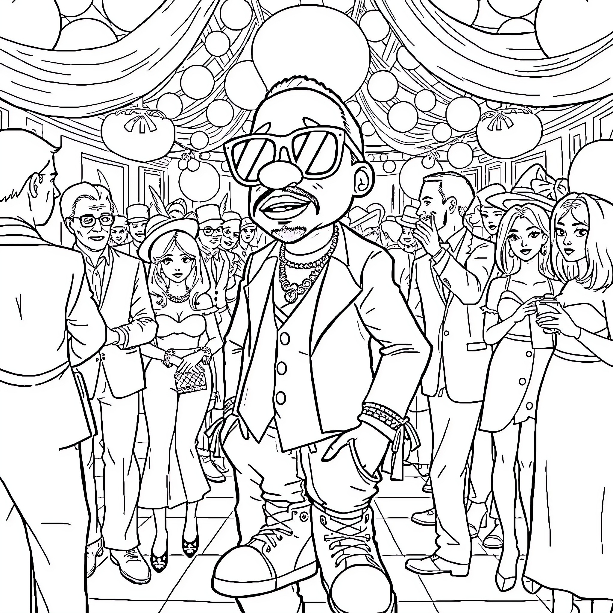 Diddy's festive crowd with stylish expressions Coloring Page (free black-and-white line drawing printable PDF for all, from beginners to advanced learners, including children, teens, adults, and seniors)