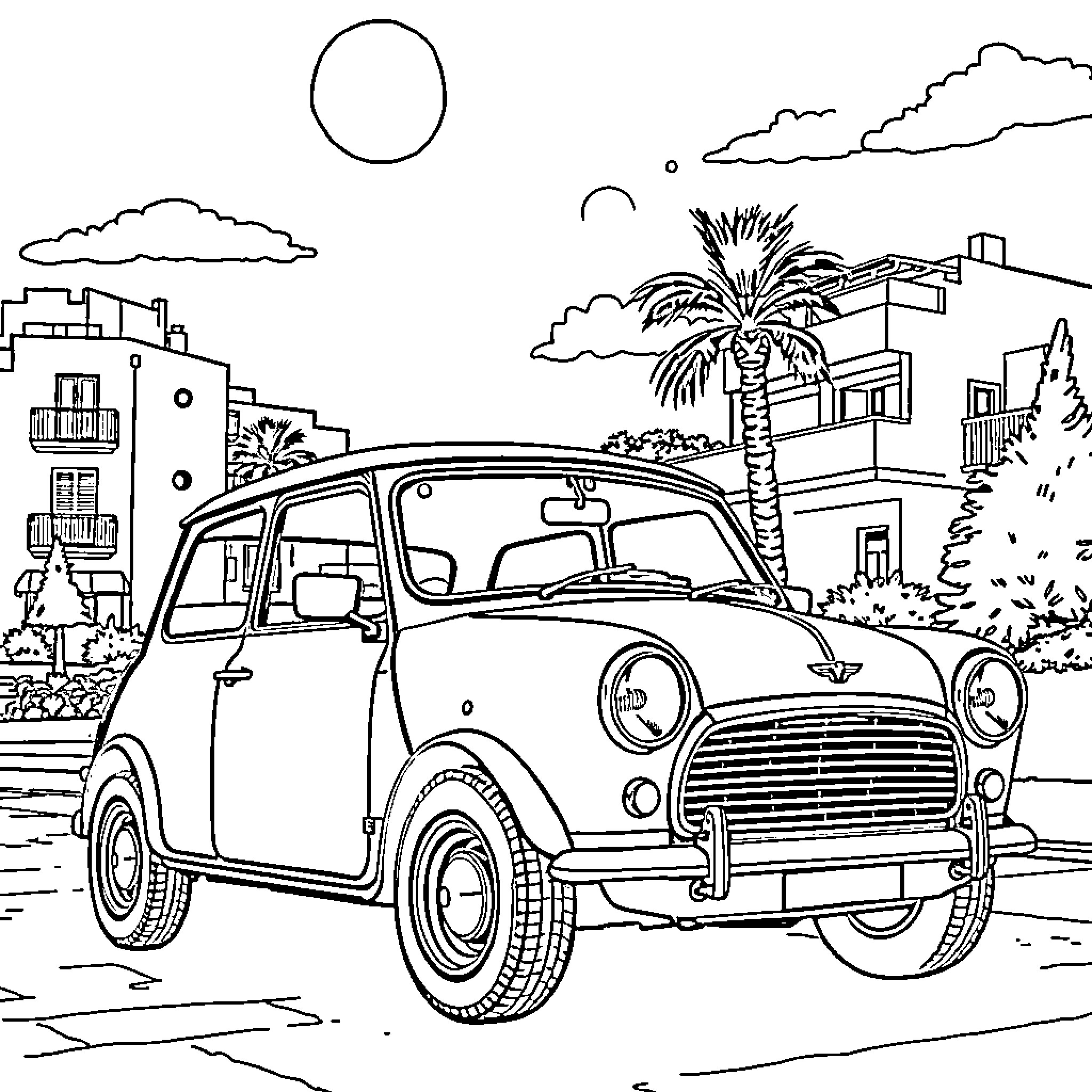 Rover cruising through a sunny coastal town Coloring Page (free black-and-white line drawing printable PDF for all, from beginners to advanced learners, including children, teens, adults, and seniors)