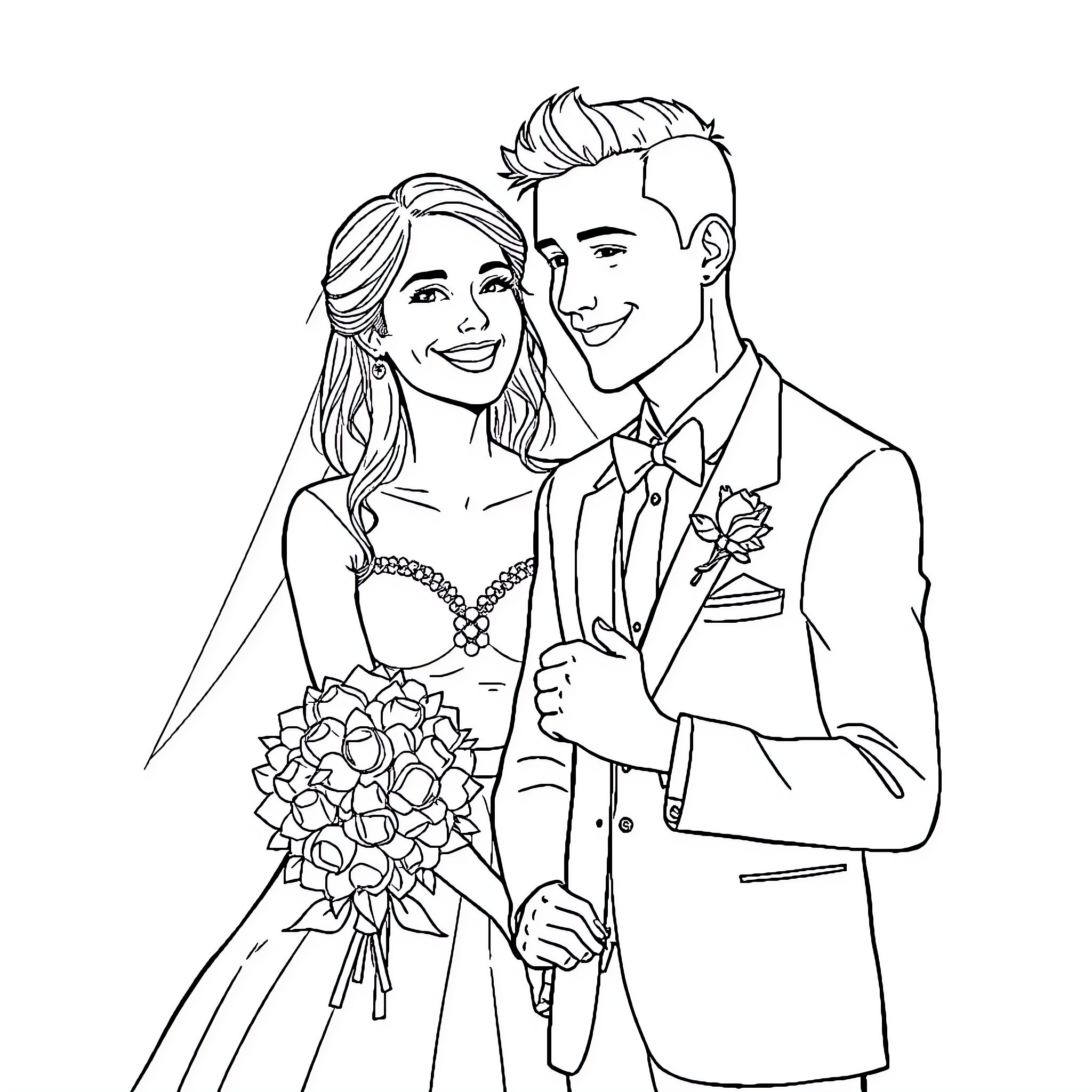 Mariée and groom in formal attire Coloring Page (free black-and-white line drawing printable PDF for all, from beginners to advanced learners, including children, teens, adults, and seniors)