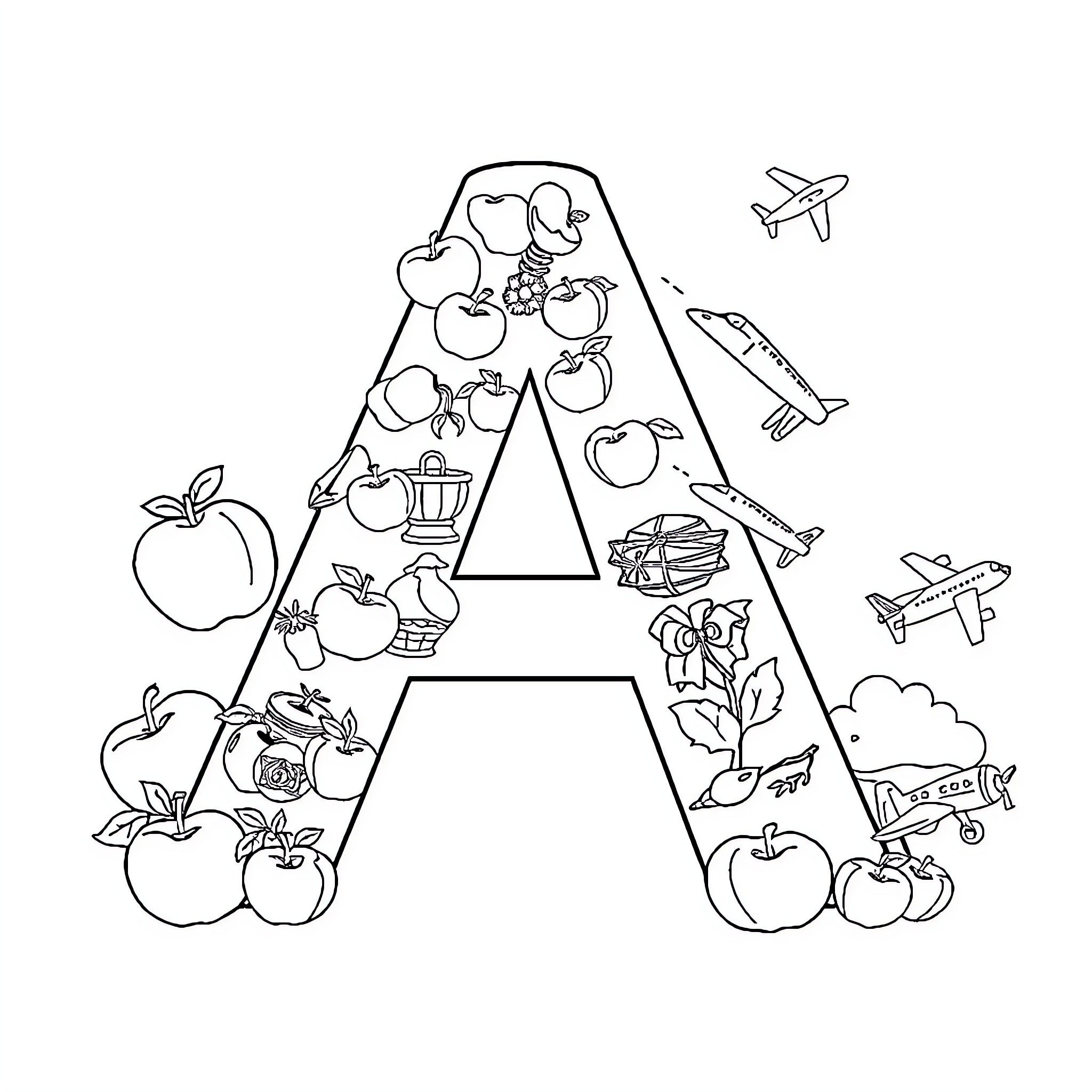 Letter A Filled with Apples, Planes, and Nature Coloring Page (free black-and-white line drawing printable PDF for all, from beginners to advanced learners, including children, teens, adults, and seniors)