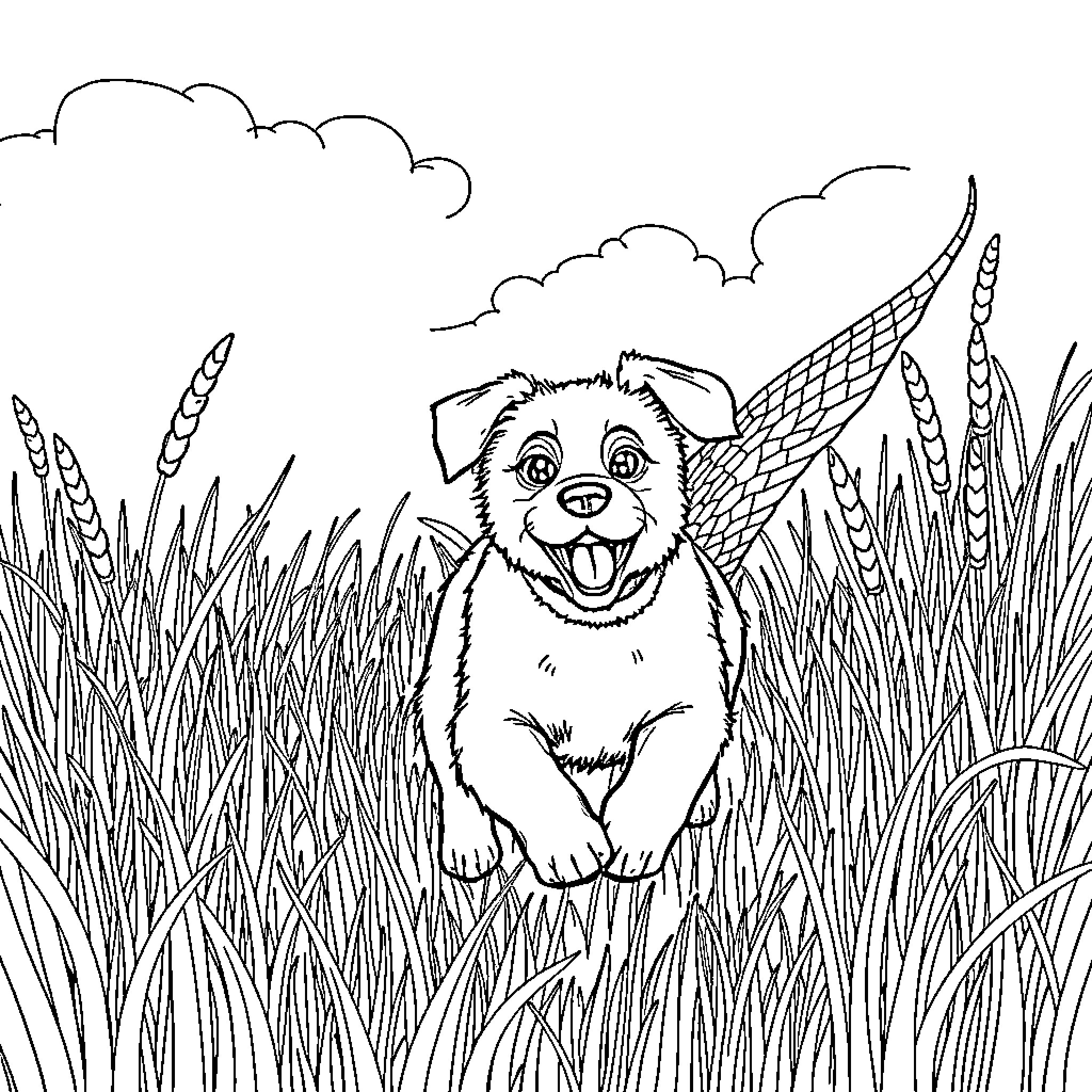 Pheasant playing joyfully in tall grass Coloring Page (free black-and-white line drawing printable PDF for all, from beginners to advanced learners, including children, teens, adults, and seniors)