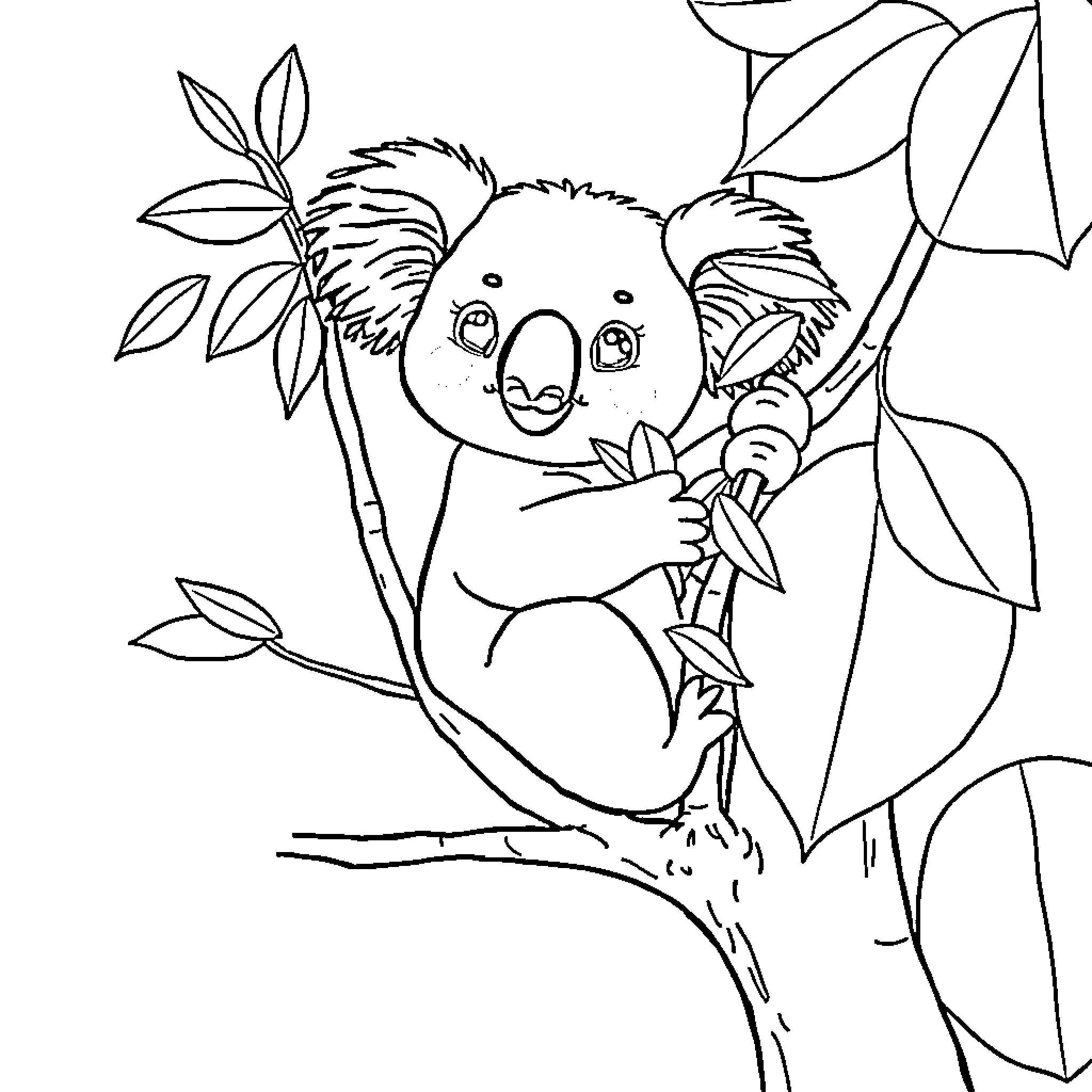 Koala relaxing in the forest Coloring Page (free black-and-white line drawing printable PDF for all, from beginners to advanced learners, including children, teens, adults, and seniors)