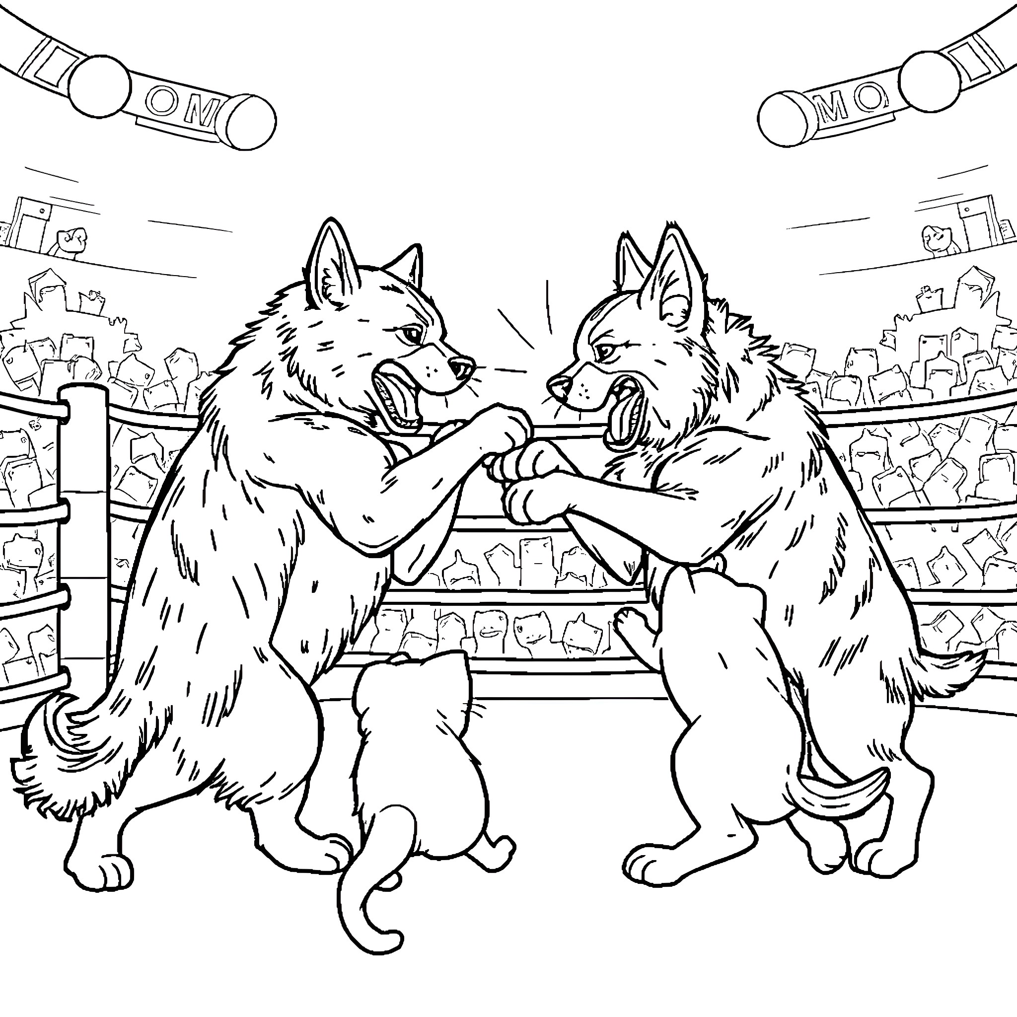 Dog and Cat Fighting in a Wrestling Ring Coloring Page (free black-and-white line drawing printable PDF for all, from beginners to advanced learners, including children, teens, adults, and seniors)