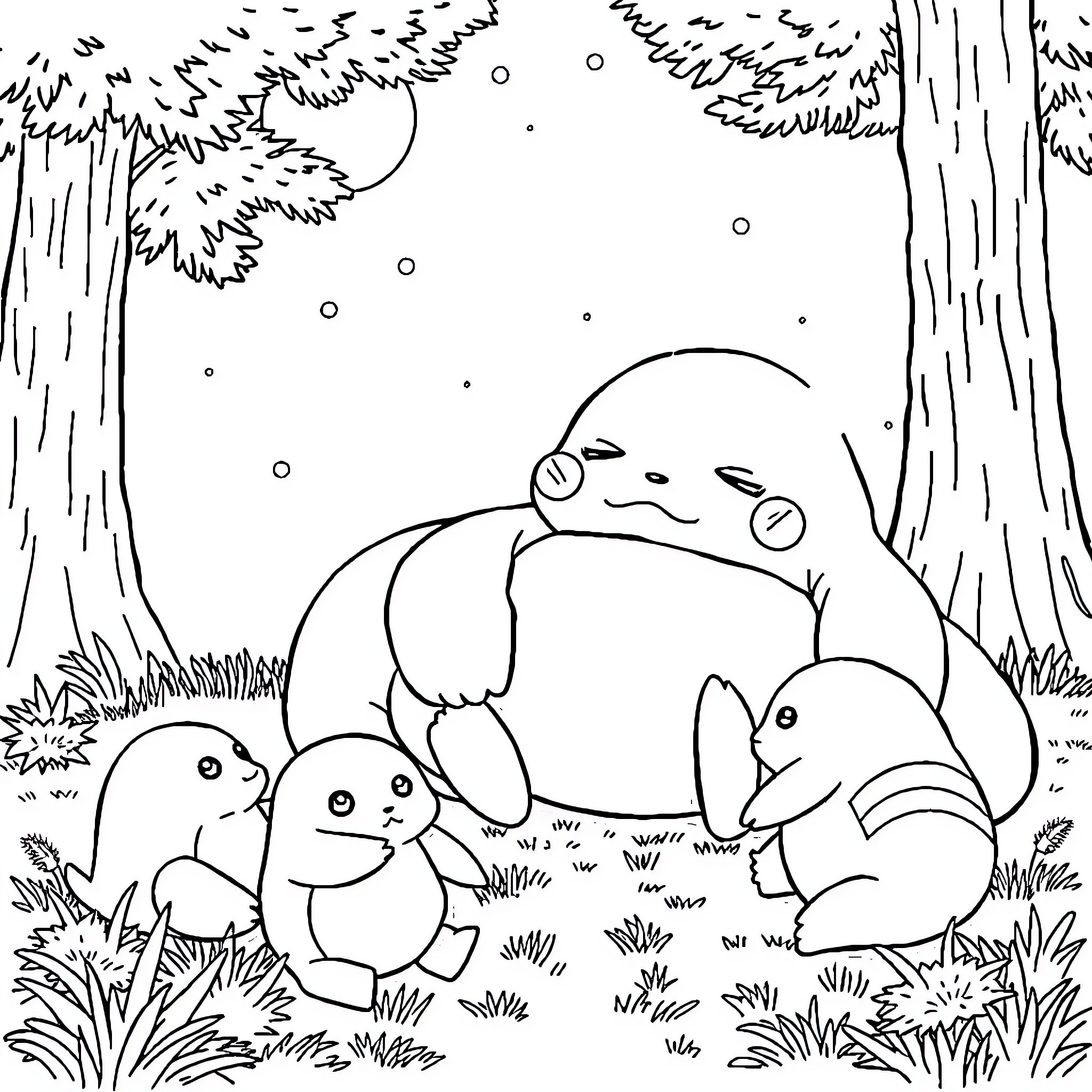 Snorlax napping peacefully with Pokémon friends Coloring Page (free black-and-white line drawing printable PDF for all, from beginners to advanced learners, including children, teens, adults, and seniors)