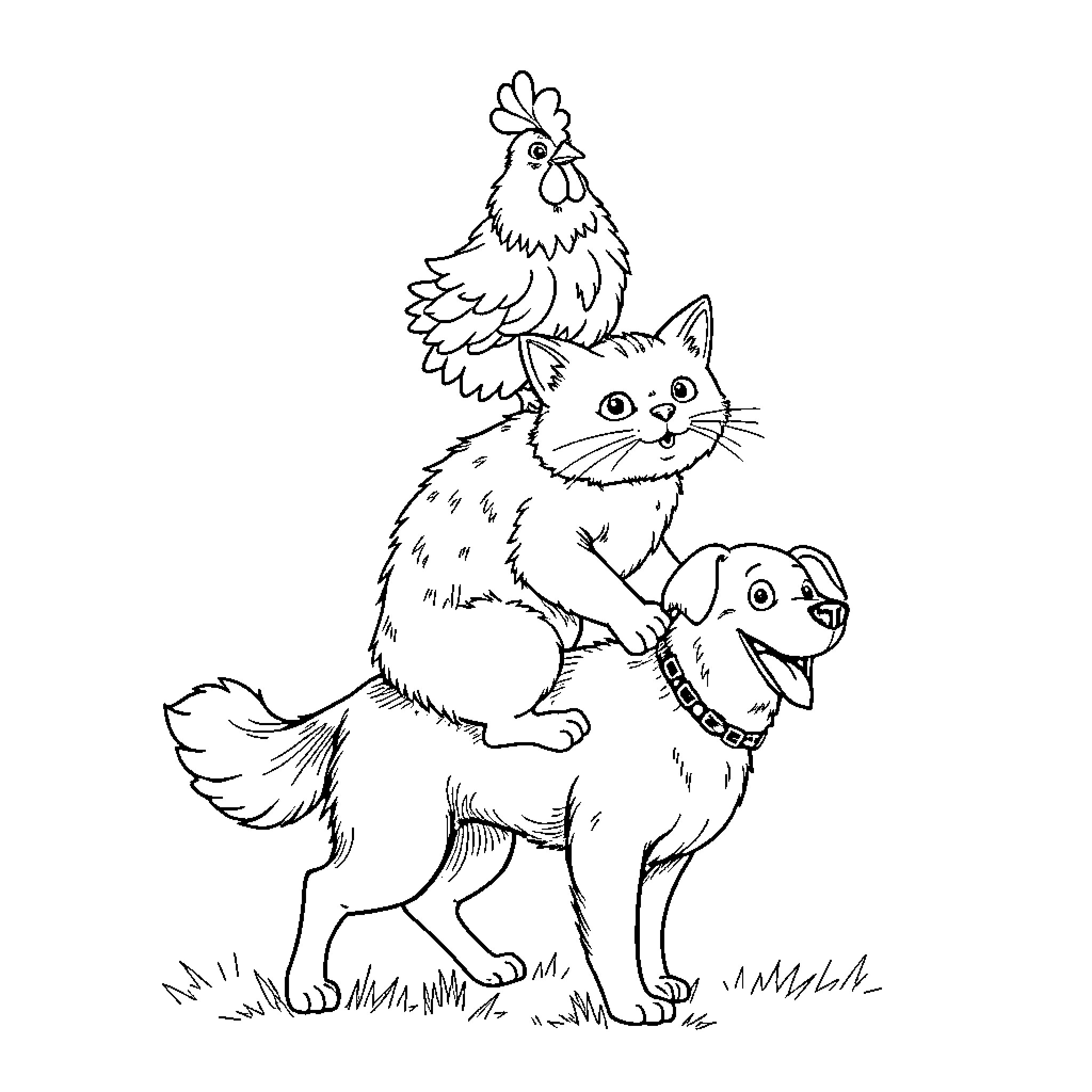 Chicken, Cat, and Dog Companions Coloring Page (free black-and-white line drawing printable PDF for all, from beginners to advanced learners, including children, teens, adults, and seniors)