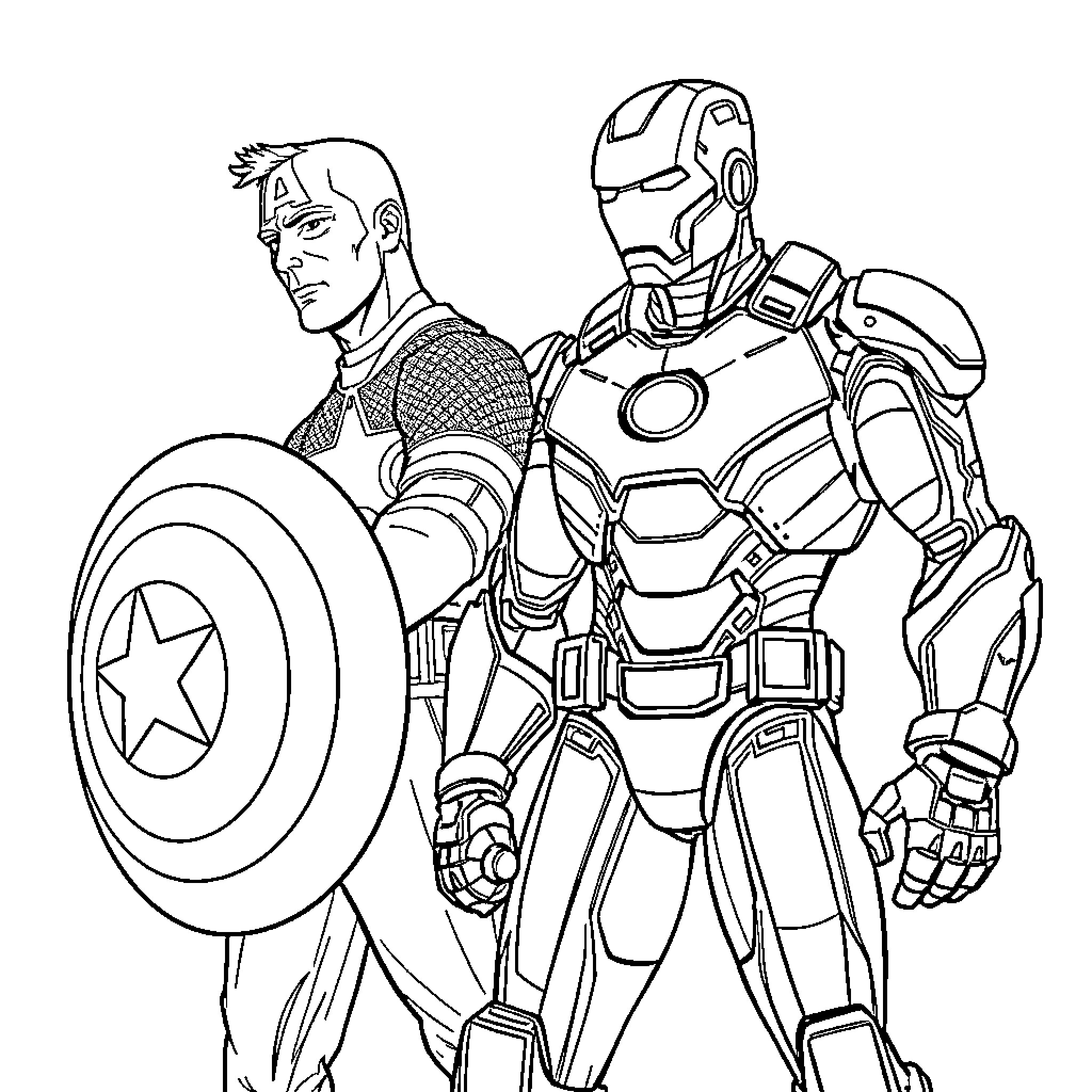 Captain America and Iron Man in action-packed stance Coloring Page (free black-and-white line drawing printable PDF for all, from beginners to advanced learners, including children, teens, adults, and seniors)