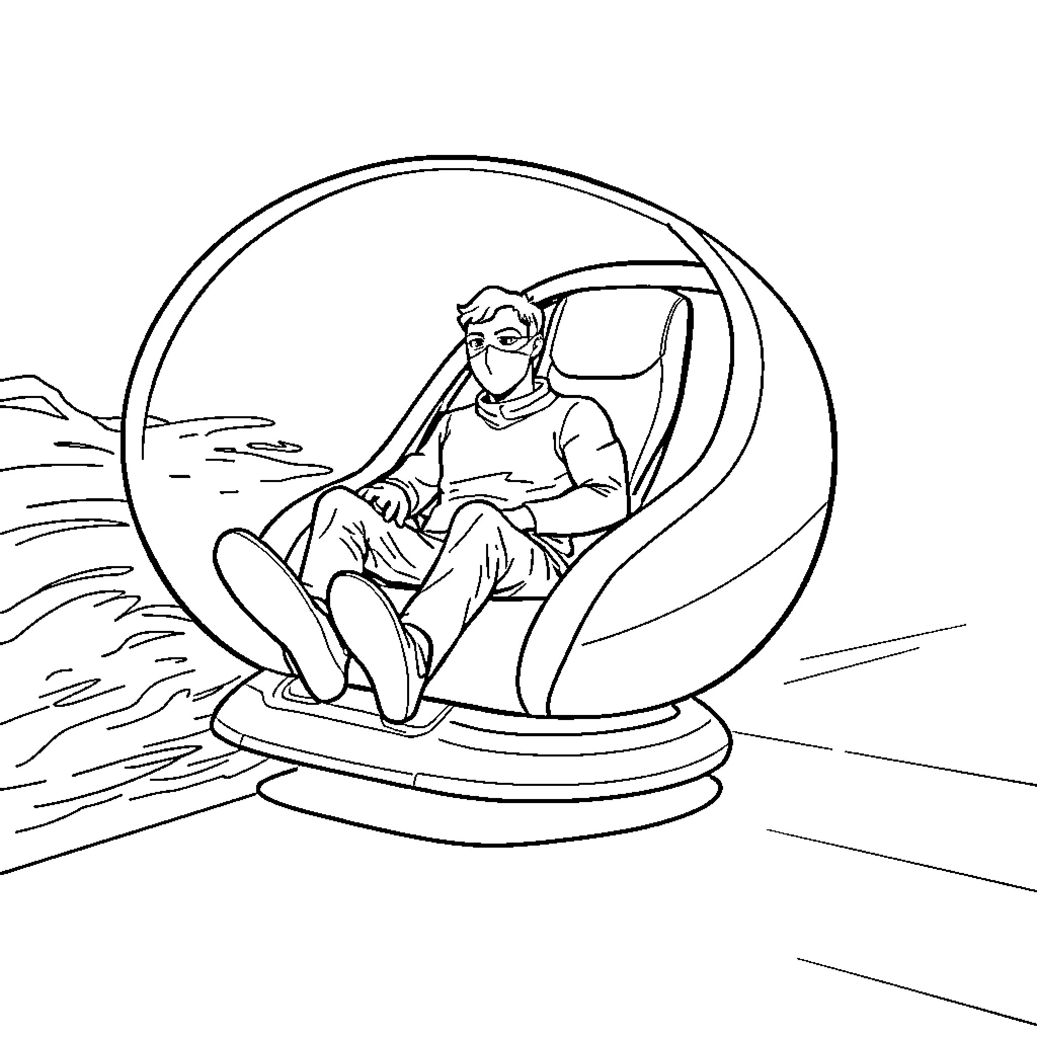 Chair with a person sitting in a modern capsule Coloring Page (free black-and-white line drawing printable PDF for all, from beginners to advanced learners, including children, teens, adults, and seniors)