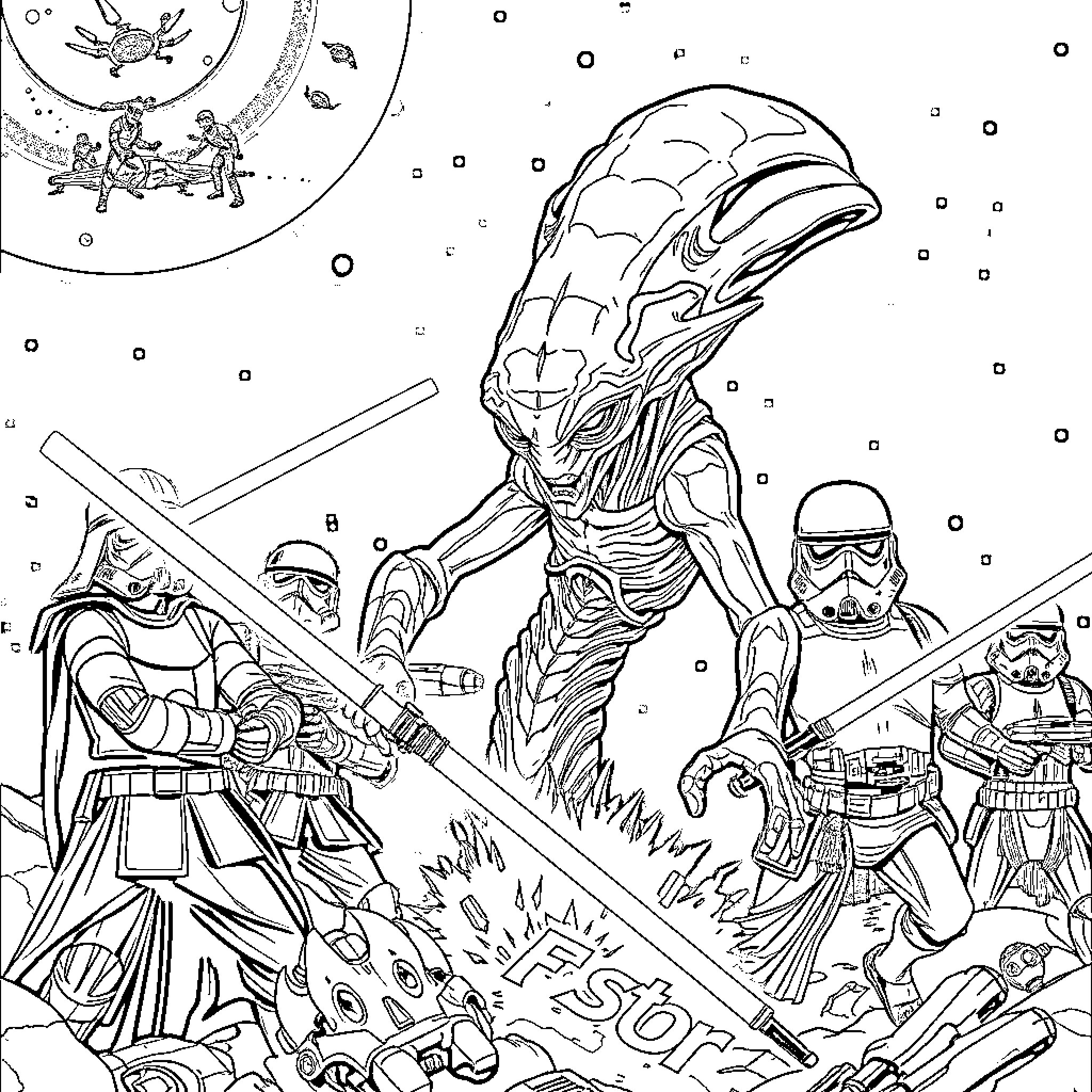 Alien battle against armed forces in space Coloring Page (free black-and-white line drawing printable PDF for all, from beginners to advanced learners, including children, teens, adults, and seniors)