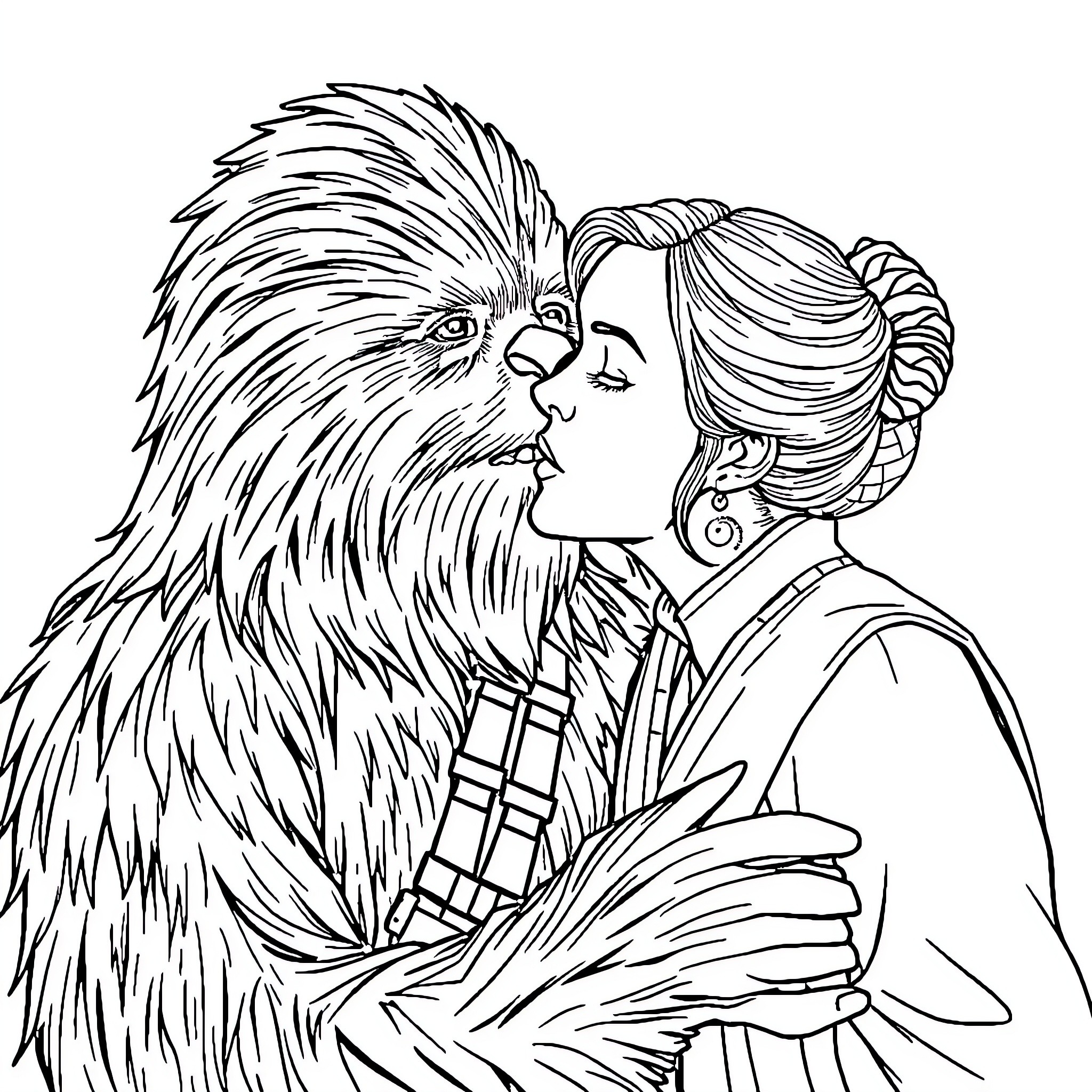 Chewbacca and Princess hugging tenderly Coloring Page (free black-and-white line drawing printable PDF for all, from beginners to advanced learners, including children, teens, adults, and seniors)