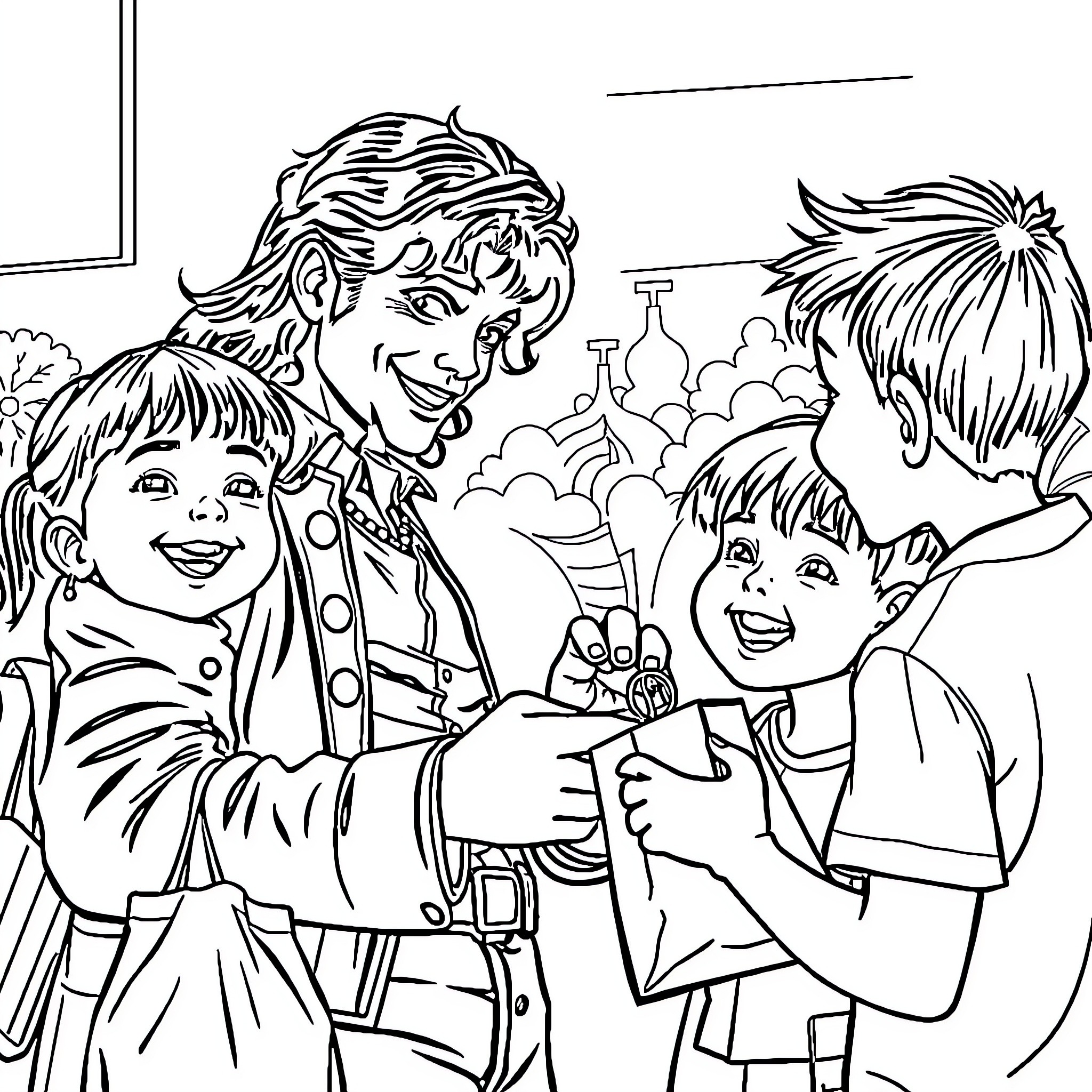 Michael Jackson interacting with his young fans Coloring Page (free black-and-white line drawing printable PDF for all, from beginners to advanced learners, including children, teens, adults, and seniors)