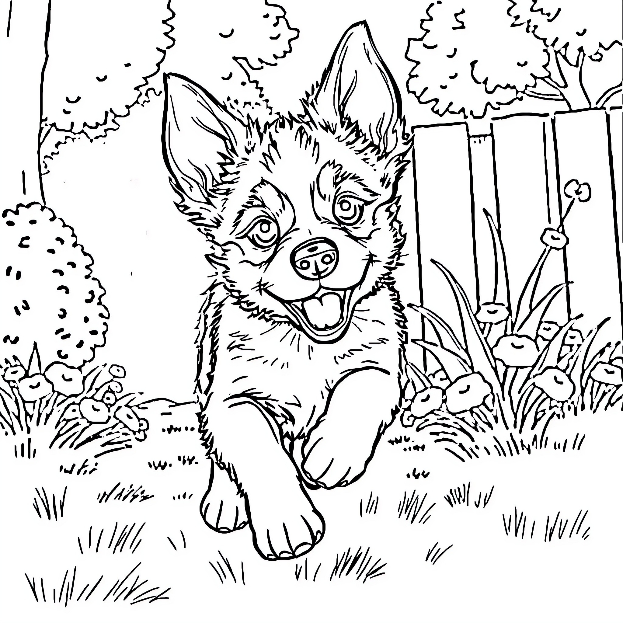 Bluey exploring the outdoors with curiosity Coloring Page (free black-and-white line drawing printable PDF for all, from beginners to advanced learners, including children, teens, adults, and seniors)
