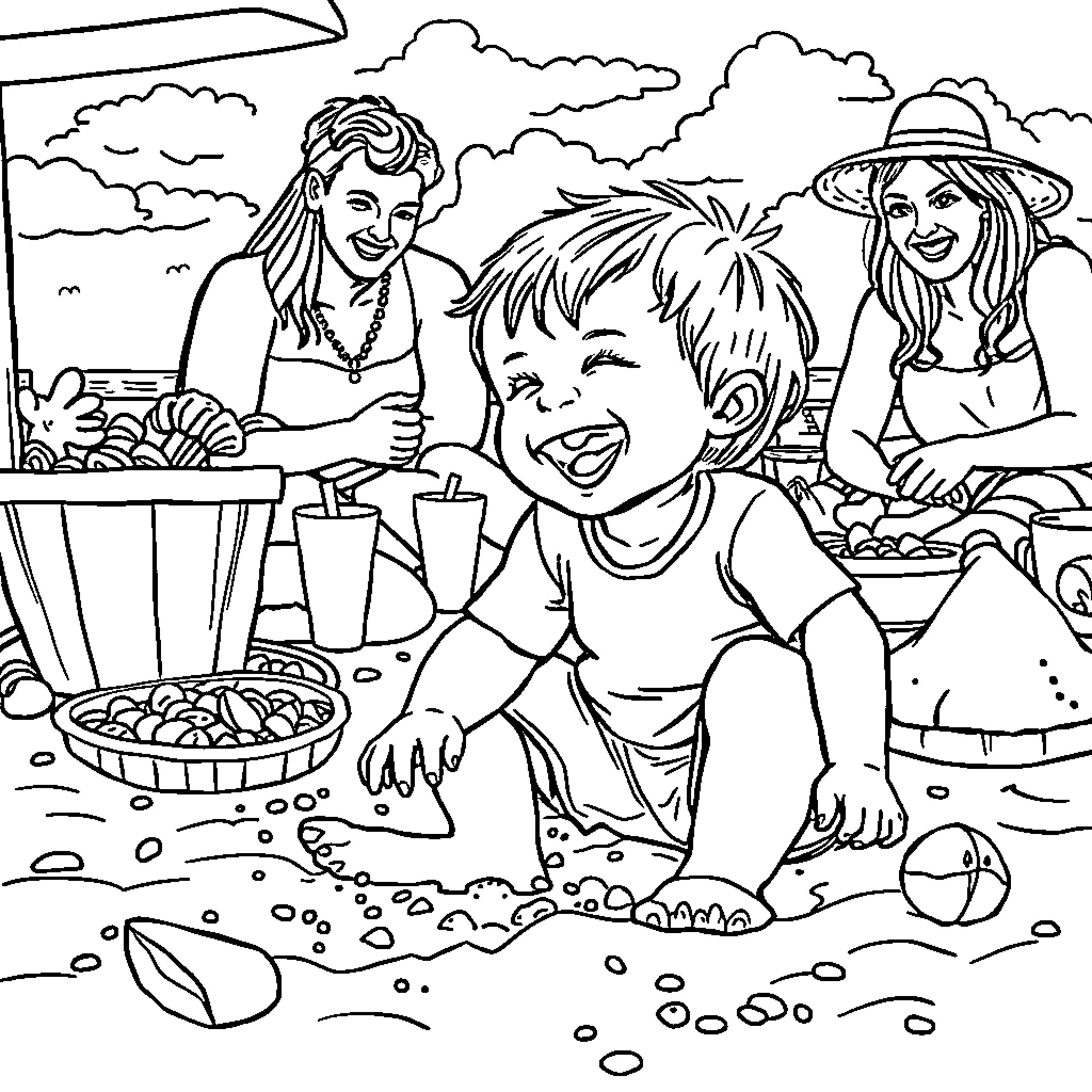 Child having fun at the beach with family Coloring Page (free black-and-white line drawing printable PDF for all, from beginners to advanced learners, including children, teens, adults, and seniors)