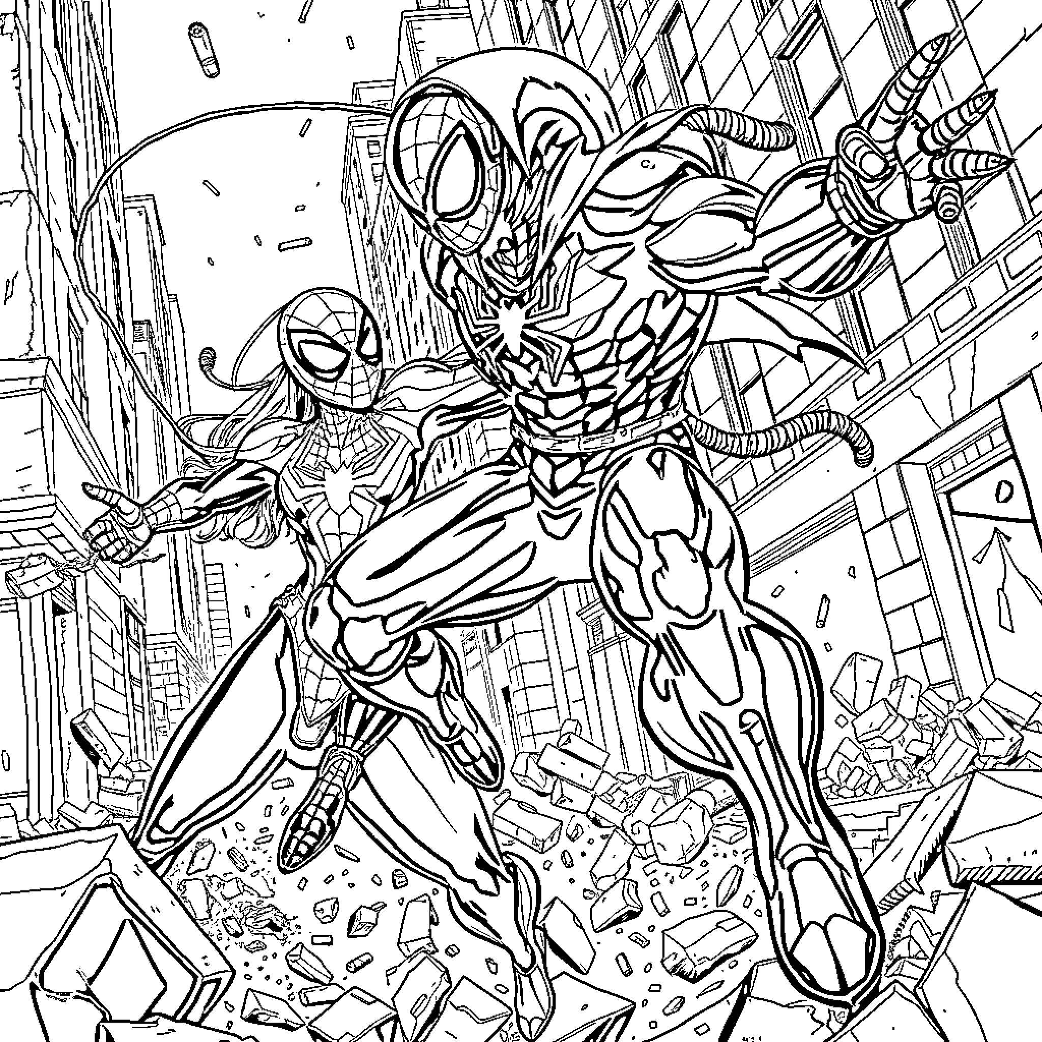 Spider-Man heroic duo battling in the city Coloring Page (free black-and-white line drawing printable PDF for all, from beginners to advanced learners, including children, teens, adults, and seniors)