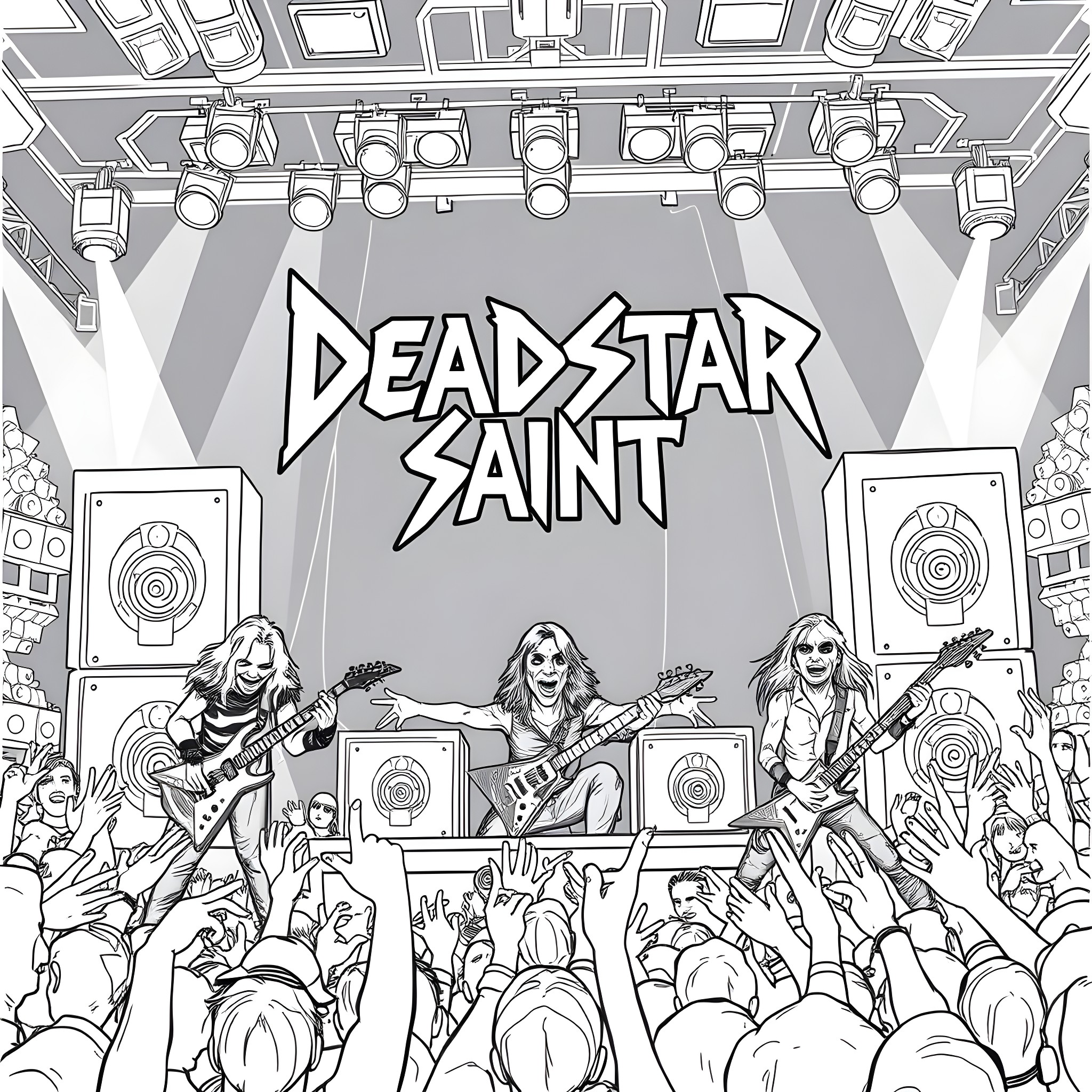 Heavy Metal Band Performing Energetic Live Show Coloring Page (free black-and-white line drawing printable PDF for all, from beginners to advanced learners, including children, teens, adults, and seniors)