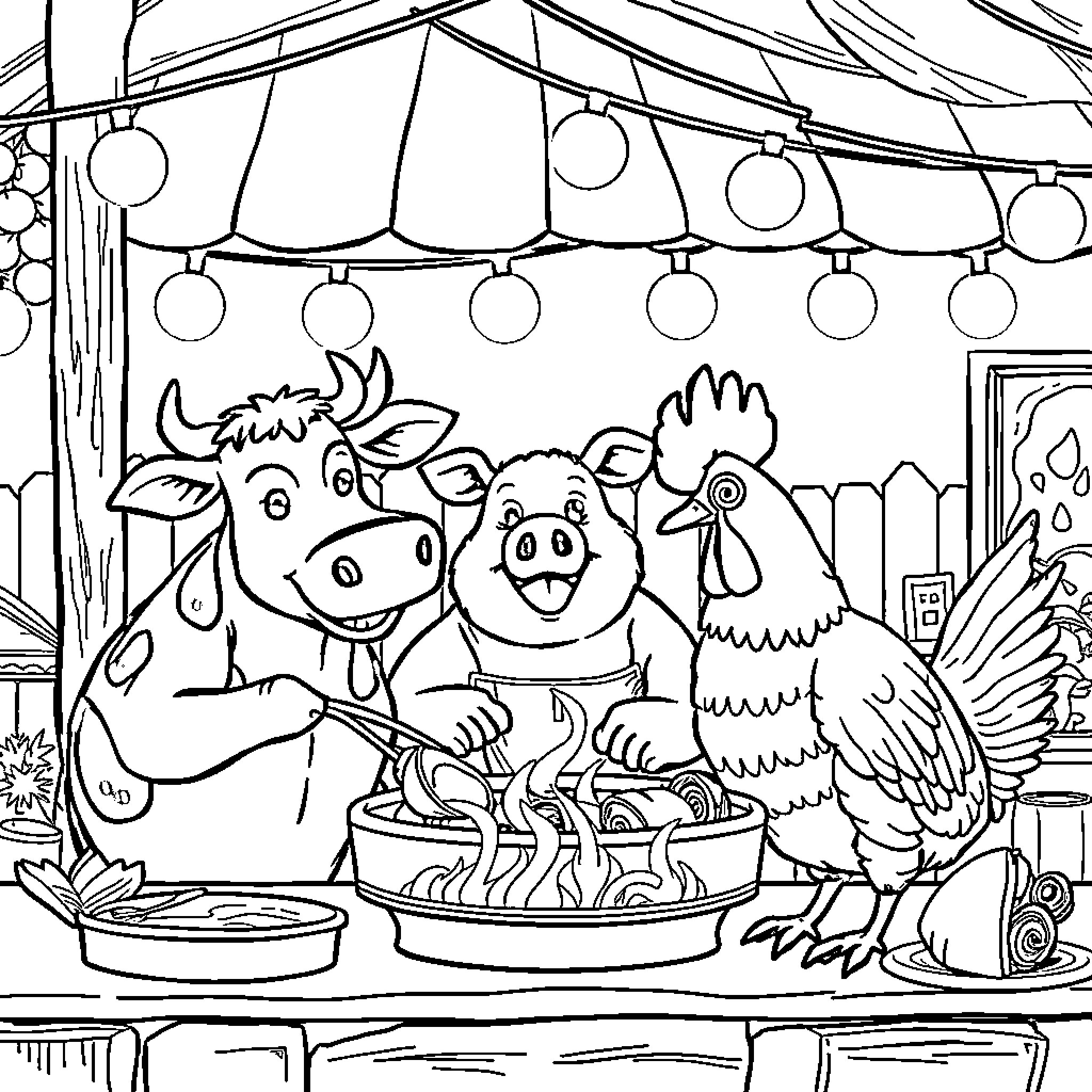 Farm Animal Friends Enjoying a Meal Together Coloring Page (free black-and-white line drawing printable PDF for all, from beginners to advanced learners, including children, teens, adults, and seniors)