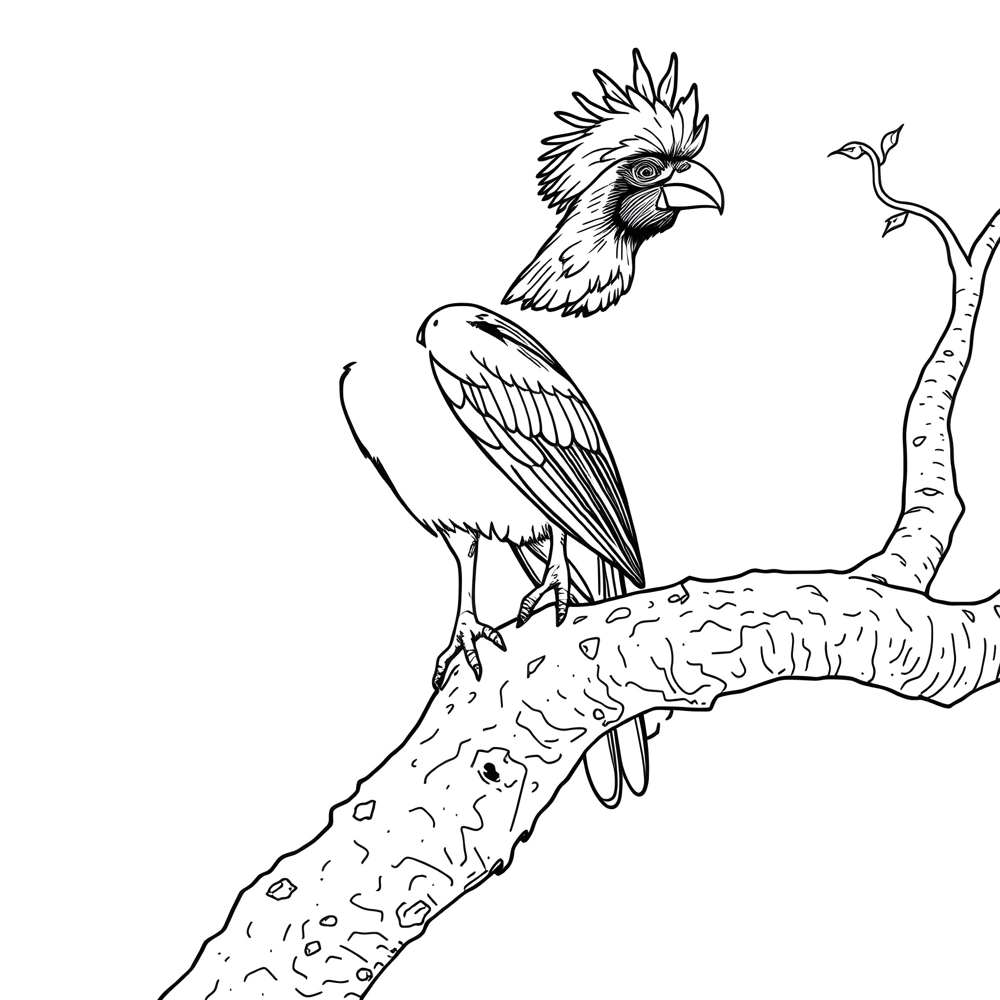 Guianan Cock of the Rock perched on branch Coloring Page (free black-and-white line drawing printable PDF for all, from beginners to advanced learners, including children, teens, adults, and seniors)