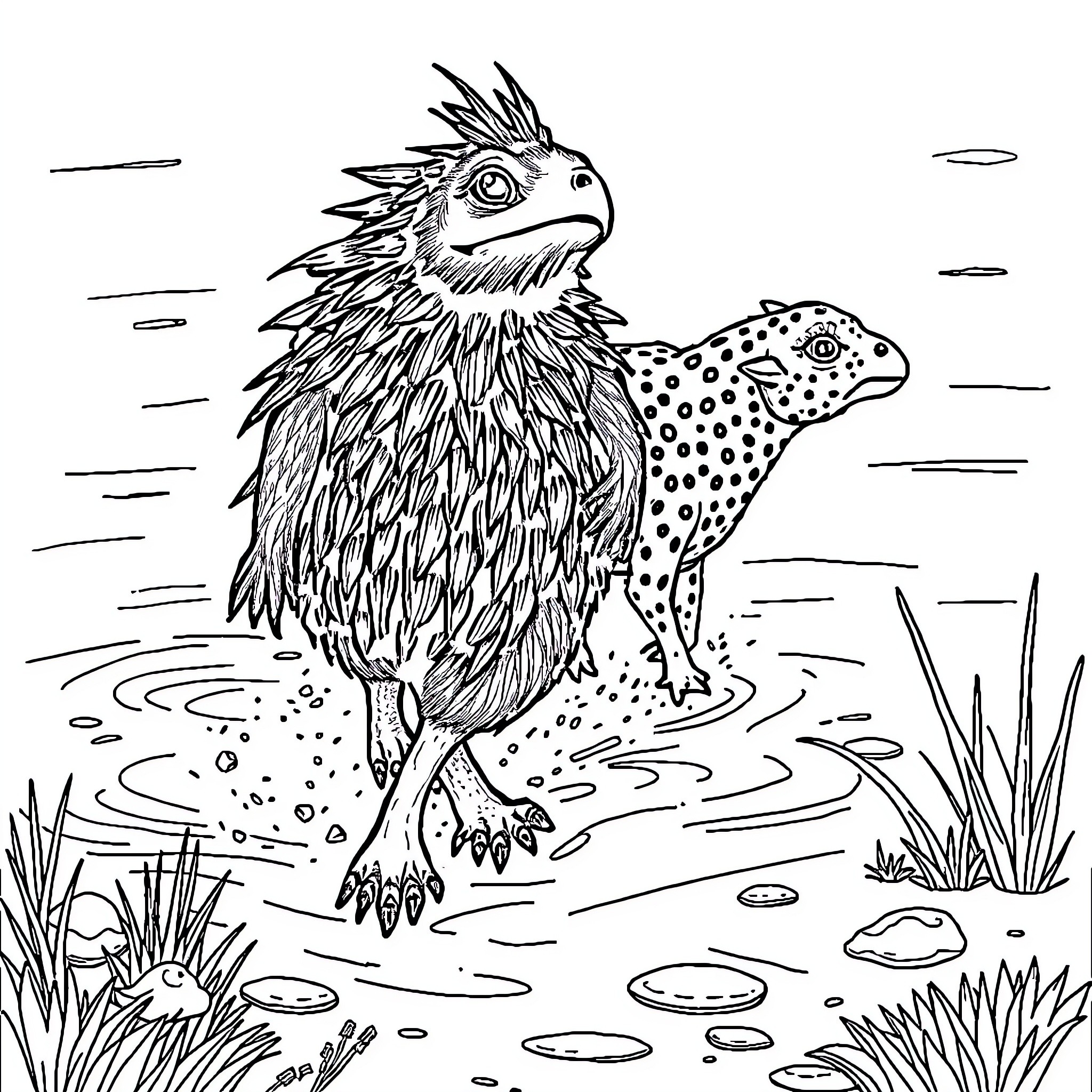 Garza bird exploring the wetland habitat Coloring Page (free black-and-white line drawing printable PDF for all, from beginners to advanced learners, including children, teens, adults, and seniors)