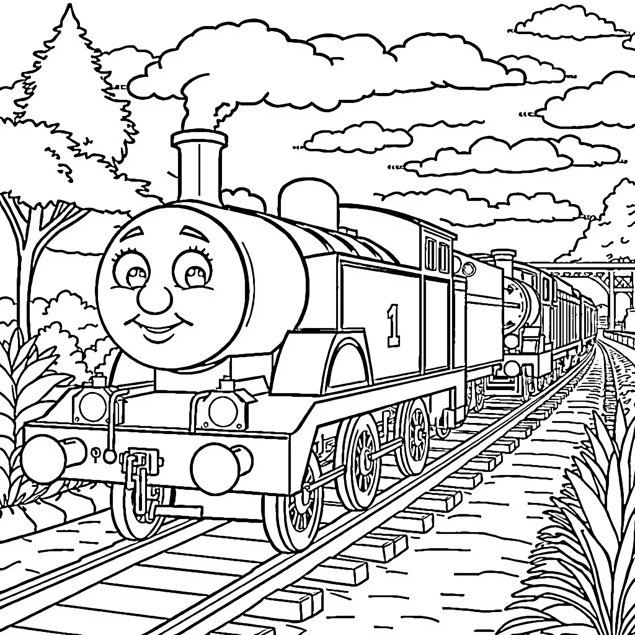 Thomas the Friendly Train Chugging Along the Tracks Coloring Page (free black-and-white line drawing printable PDF for all, from beginners to advanced learners, including children, teens, adults, and seniors)