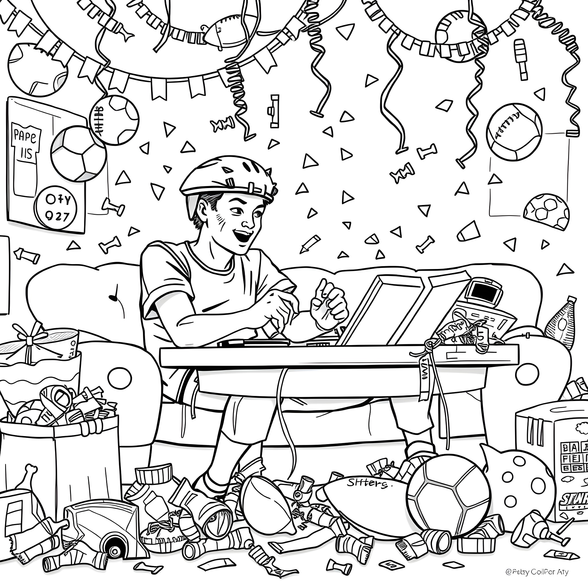 Friend plays joyfully with toys and celebrations Coloring Page (free black-and-white line drawing printable PDF for all, from beginners to advanced learners, including children, teens, adults, and seniors)