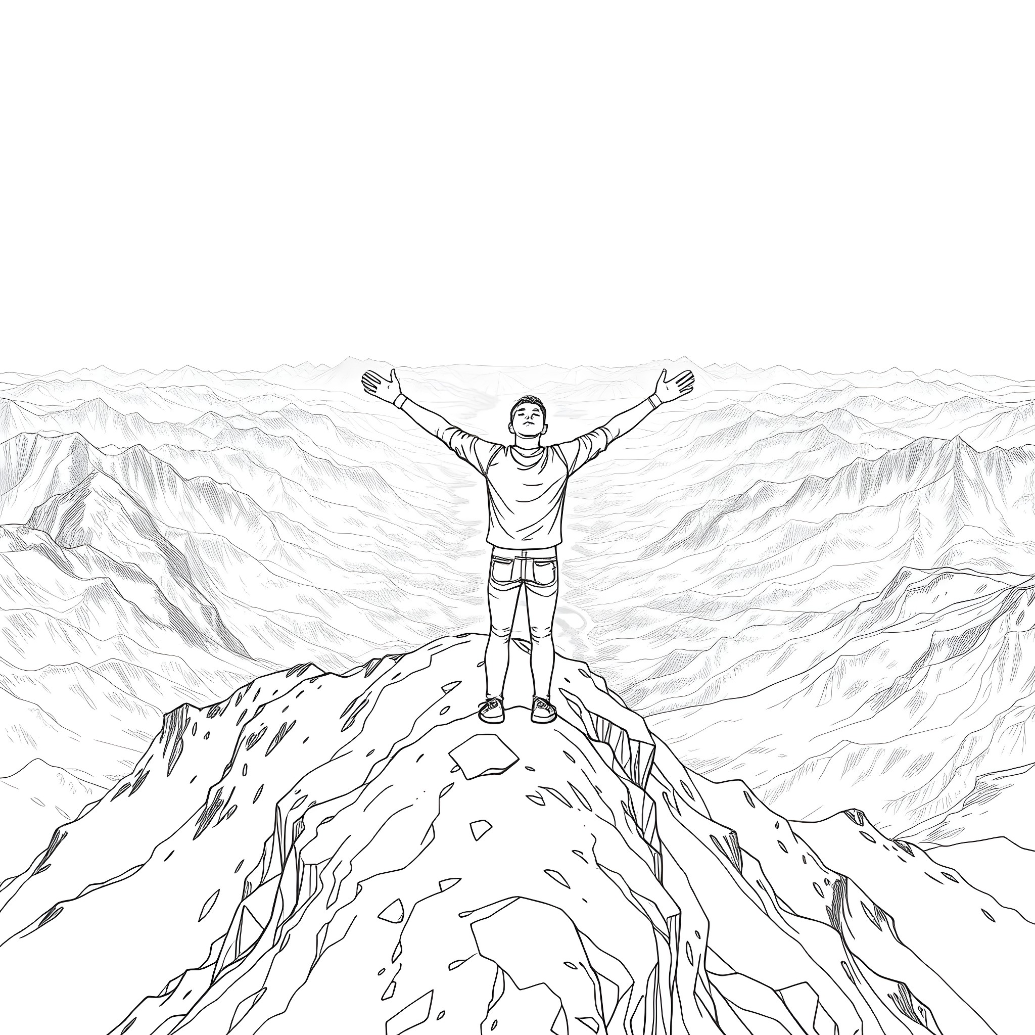 Dreams of reaching the mountain summit Coloring Page (free black-and-white line drawing printable PDF for all, from beginners to advanced learners, including children, teens, adults, and seniors)